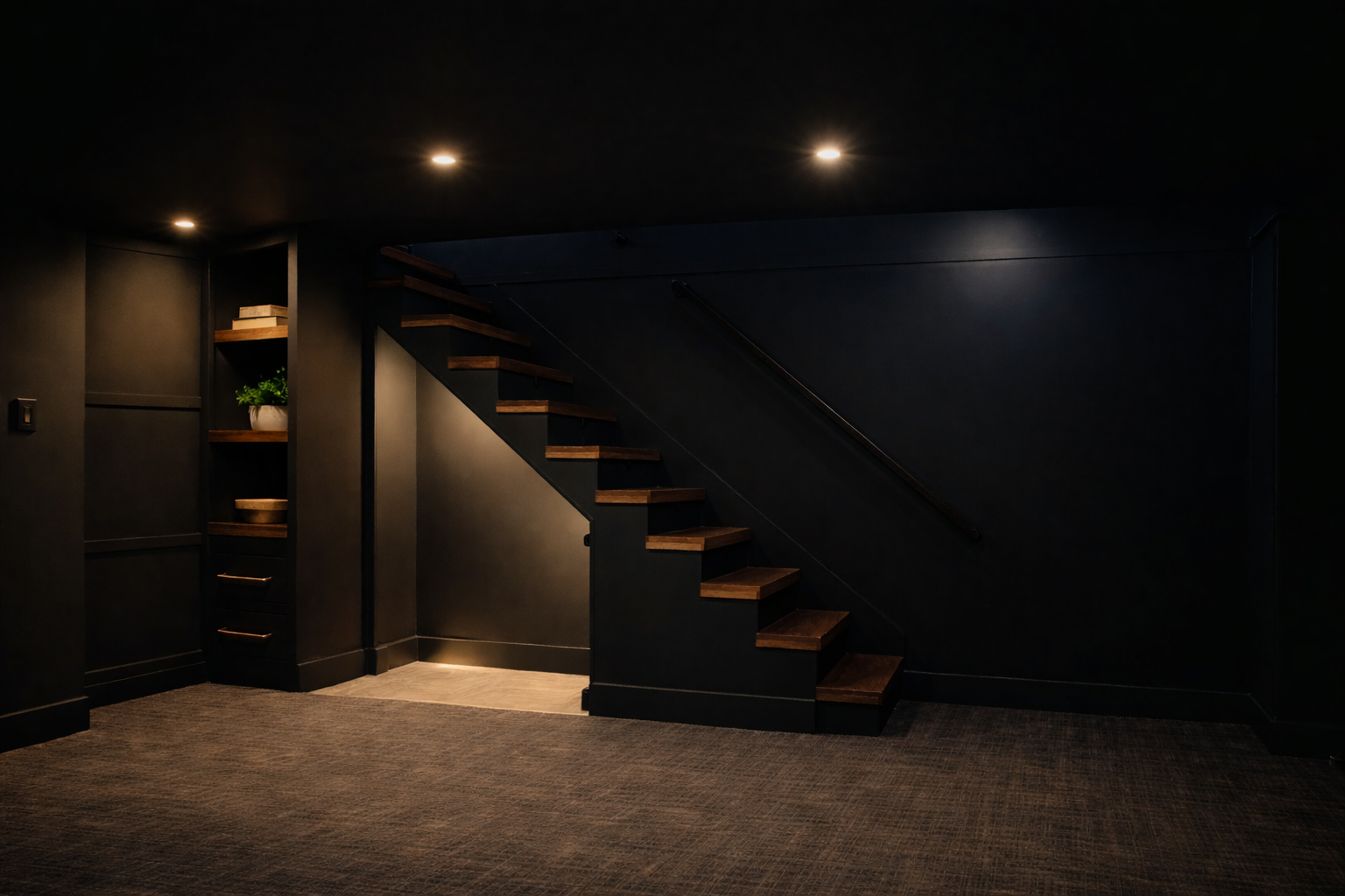 Dark modern basement with black walls and ceiling, a stairway with wooden steps and black railing, built-in shelving with potted plant and books, and ceiling recessed lighting.