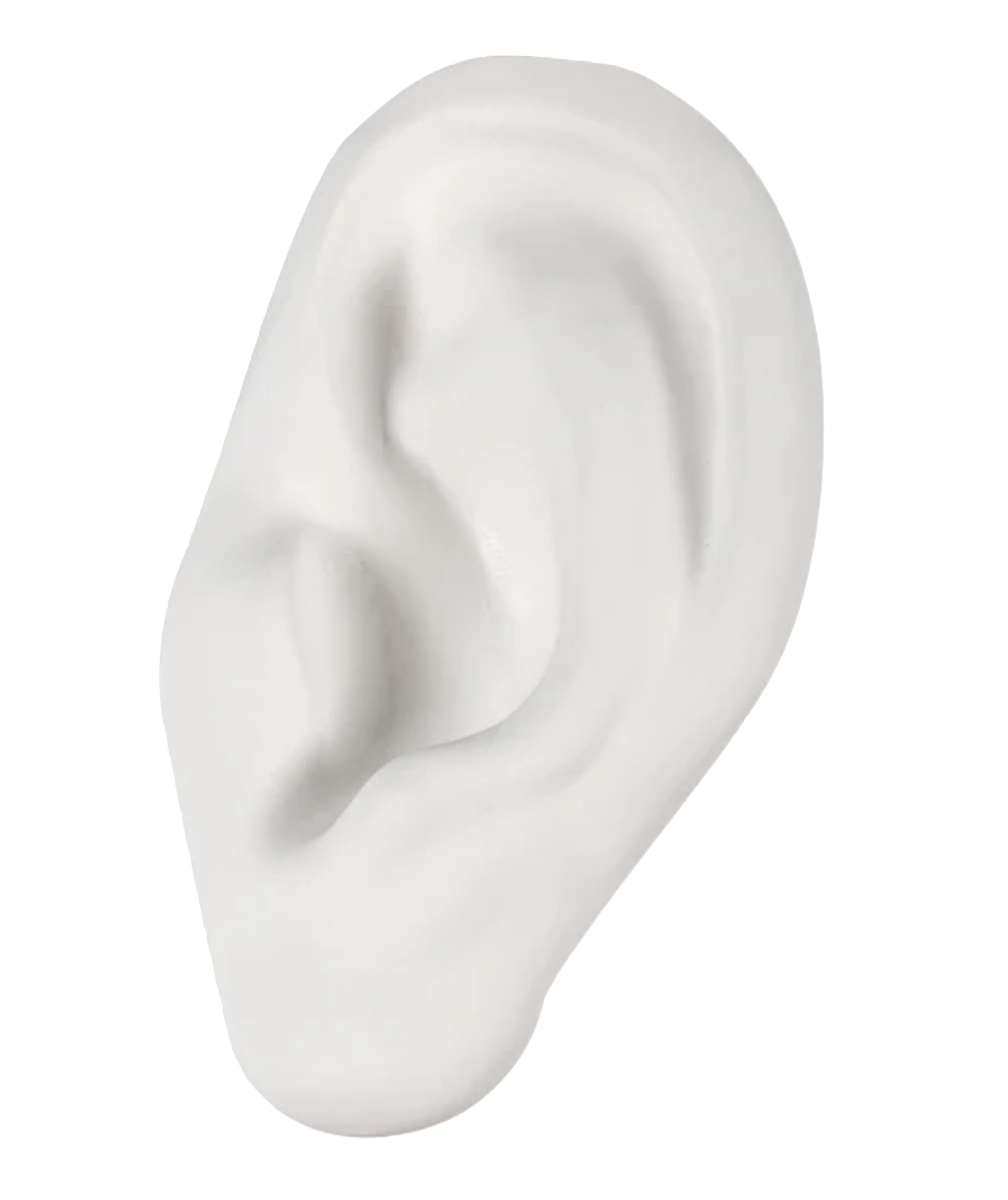 White sculpture of a human ear on a black background.