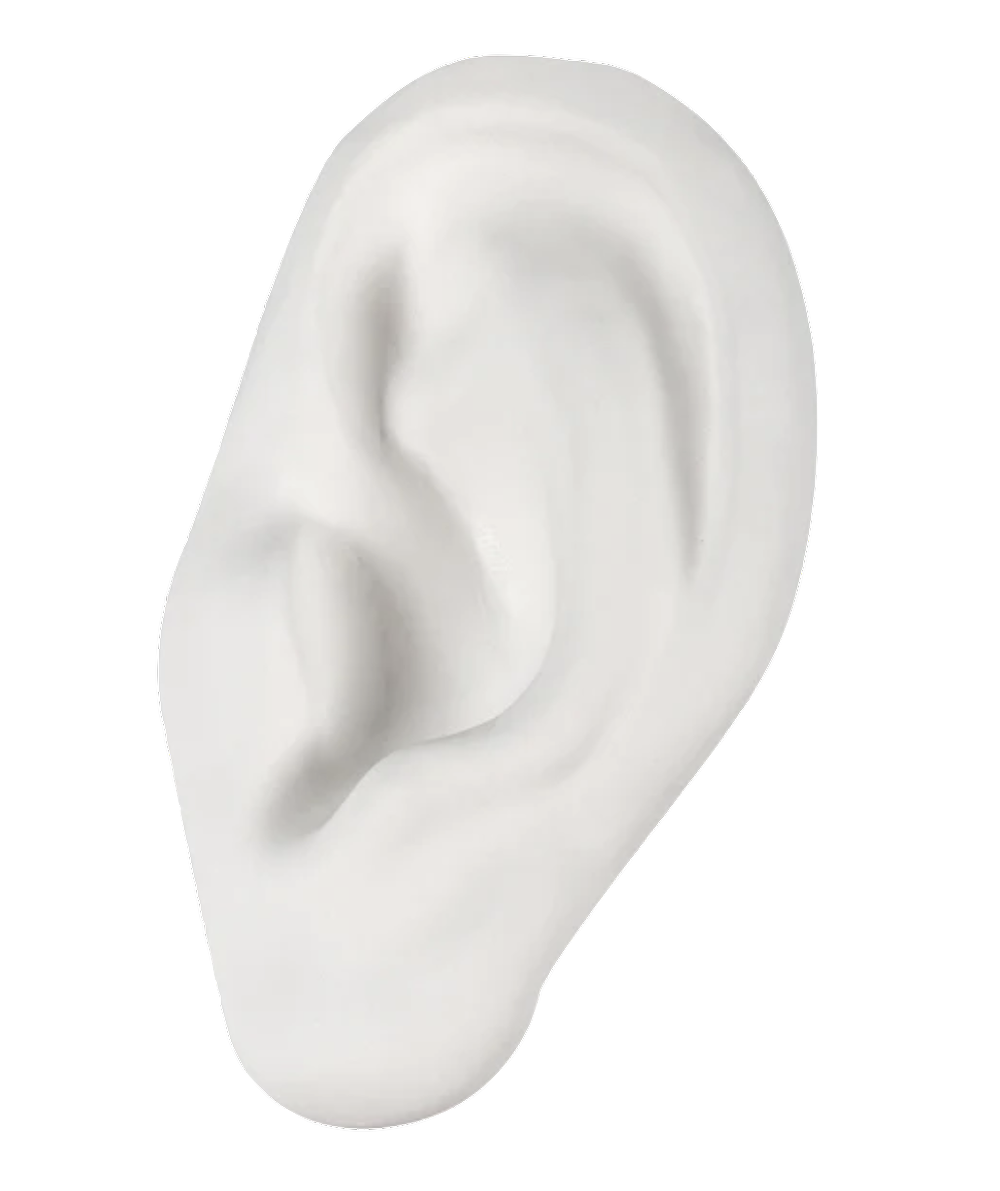 White sculpture of a human ear on a black background.