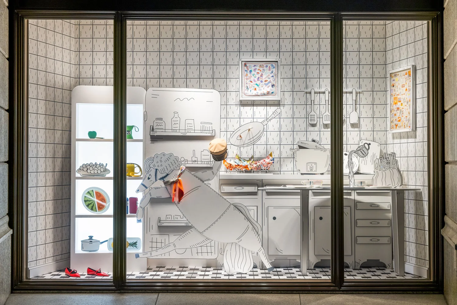 Hermès Taiwan window: a paper-cut kitchen where a horse reaches into the fridge