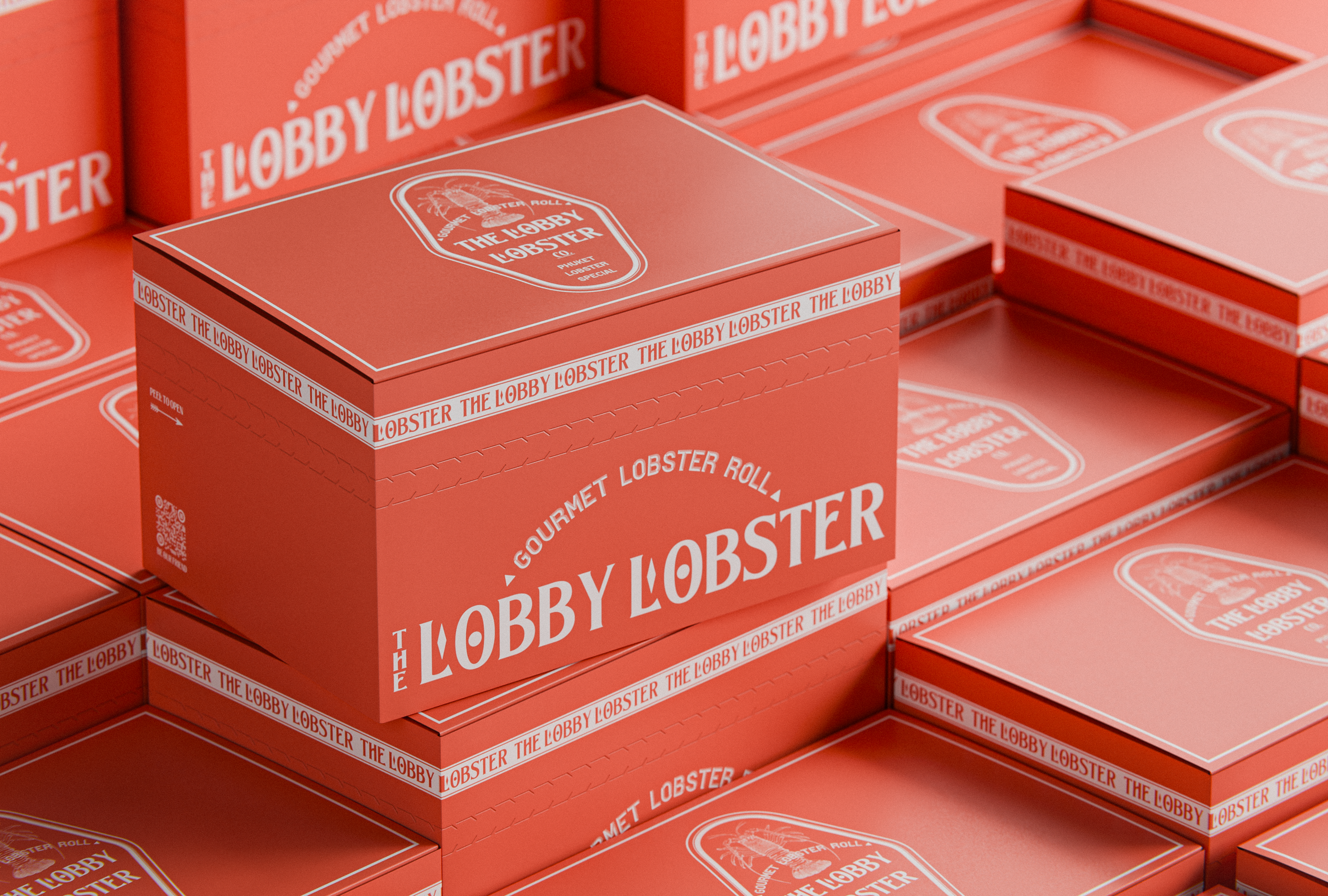 Red "The Lobby Lobster Gourmet Lobster Roll" boxes are neatly stacked, featuring white text and a central lobster logo on a coral-red background, creating a vibrant, cohesive design.