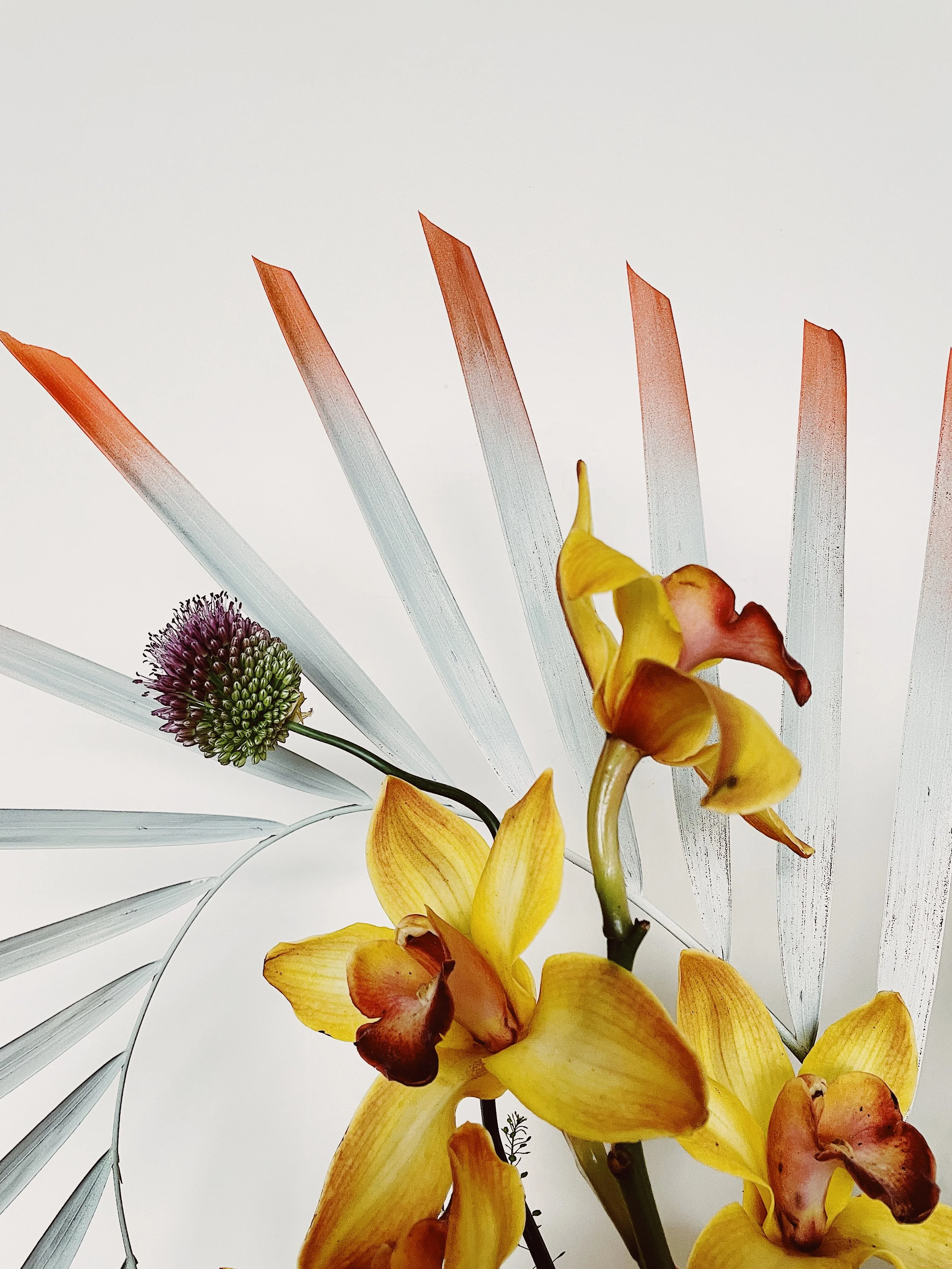 Yellow orchids with red tips and a purple thistle bud surrounded by painted leaves with orange tips on a white background.