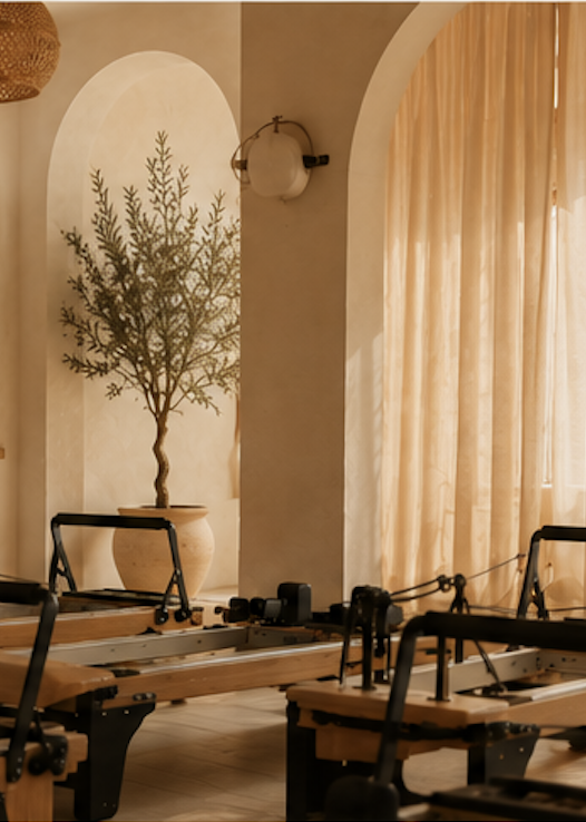 Binnenruimte met Pilates- of fitnessapparatuur, grote okerkleurige gordijnen en een gebogen muur met een tekening van een struik in een grote pot.