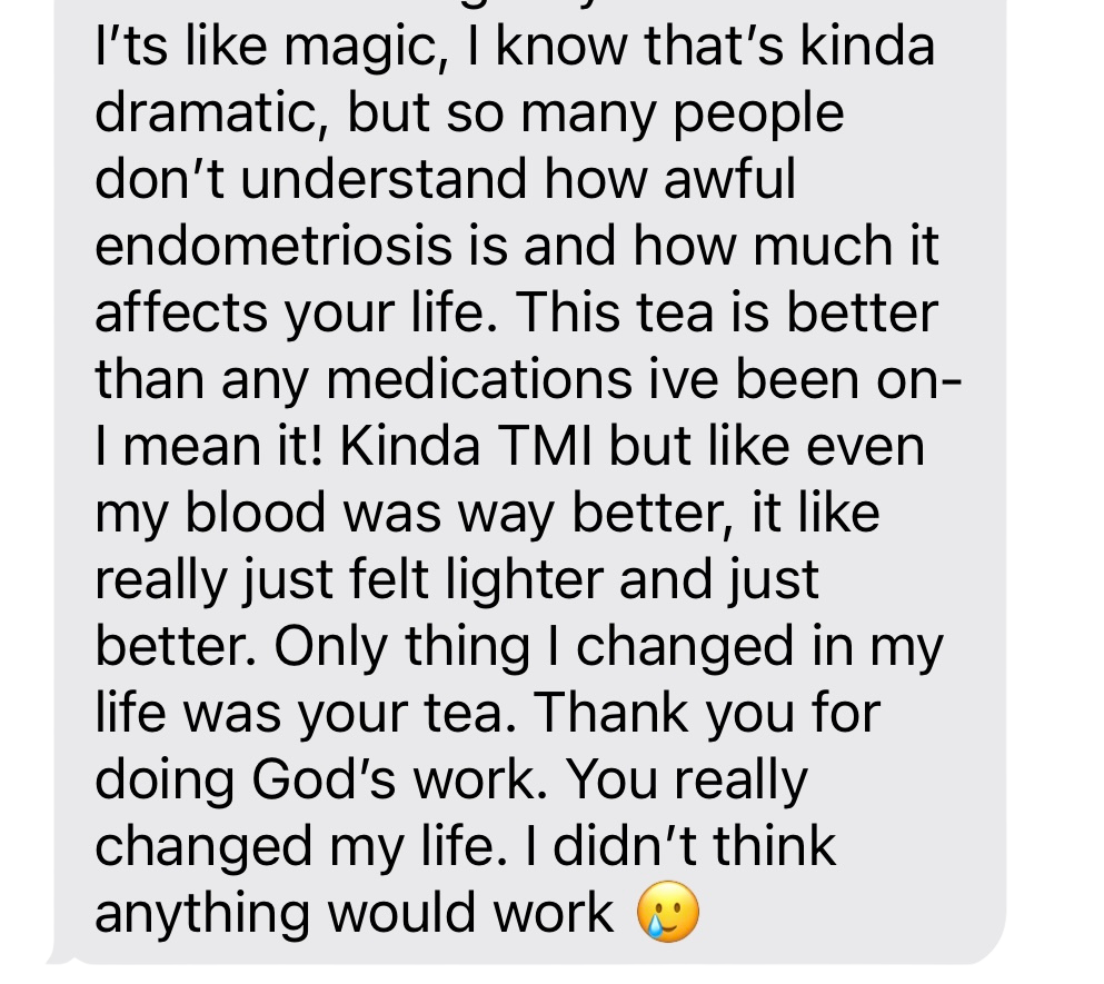 Text message discussing the positive effects of tea on a health condition, mentioning improved blood health and life changes attributed to drinking tea, with an emoji of a sweating face at the end.