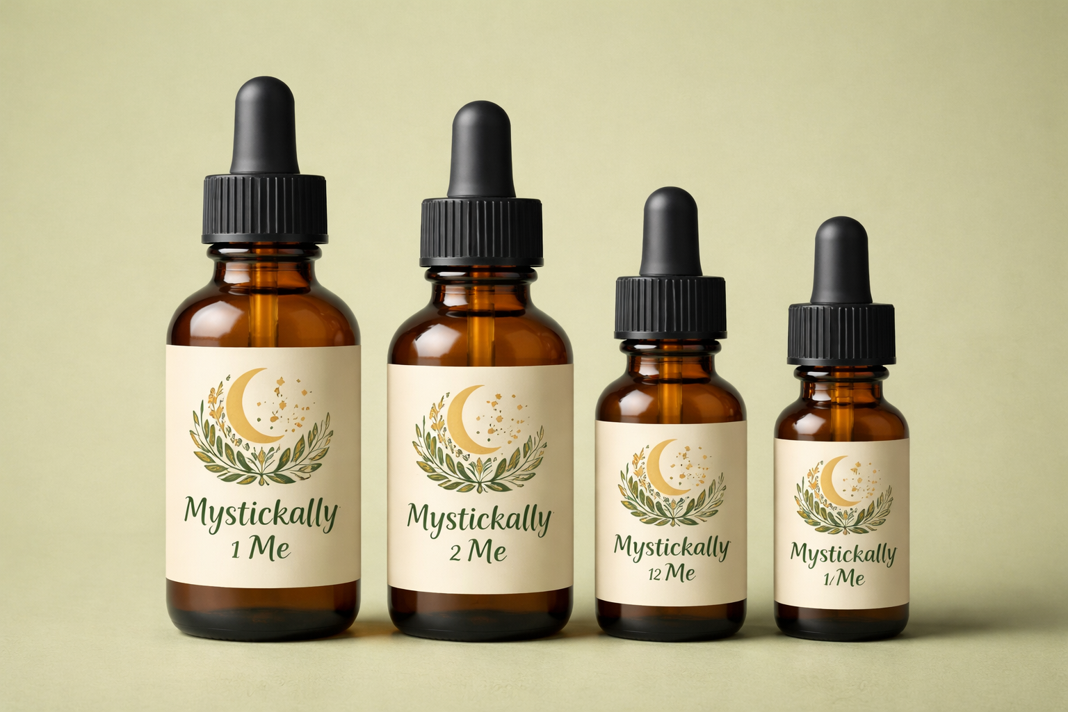 Four amber glass dropper bottles with black caps and white labels, labeled "Mystickally" with different numbers, featuring a crescent moon and floral design, against a light green background.