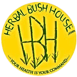 Logo for Herbal Bush House with green text and arrows on a yellow background, stating 'Your health is your command.'