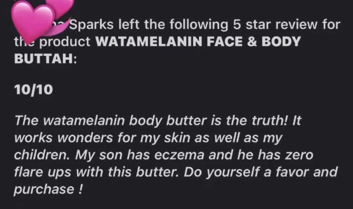 Social media post with pink heart stickers, praising Watamelanin face and body butter with a 5-star review, describing its benefits for skin and eczema.