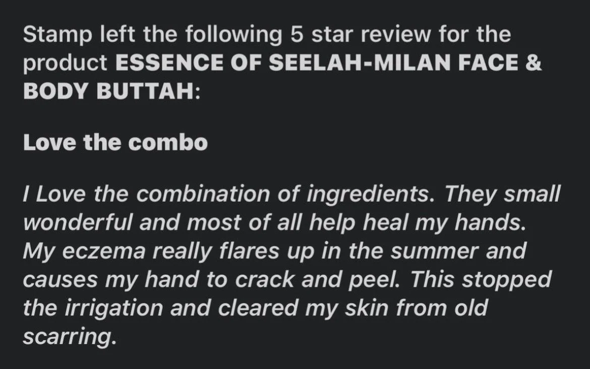 A screenshot of a customer review for a skincare product, praising its ingredients and skin healing properties.
