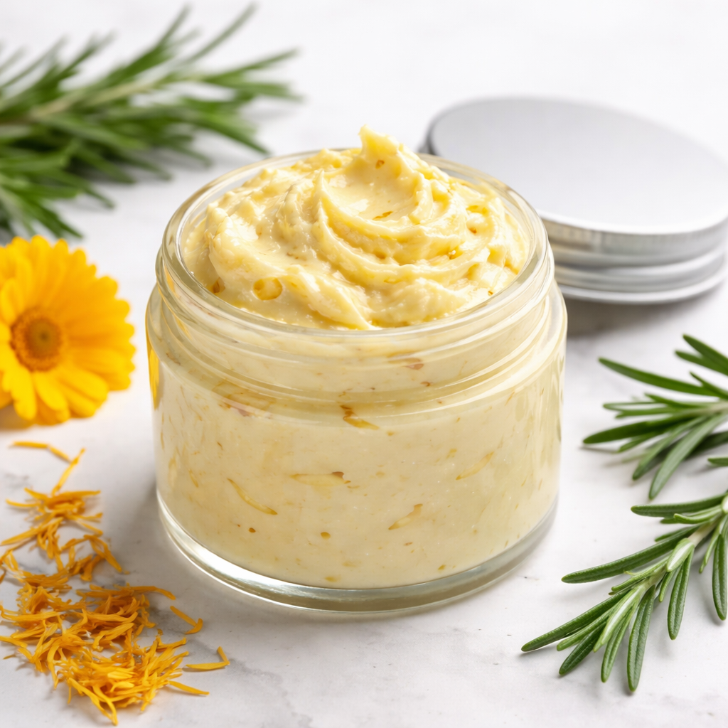 A jar of yellow butter with herbal plant sprigs and flowers around it on a white surface.