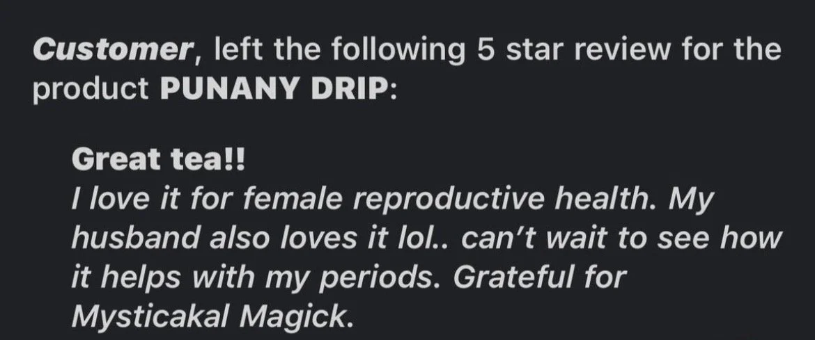 Screenshot of a customer review for Punany Drip tea, praising its benefits for female reproductive health, including a personal testimonial about its effects on periods.