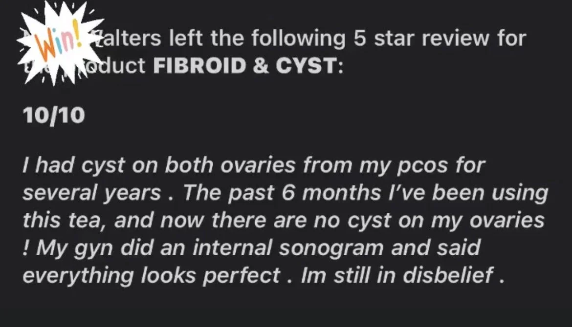 A testimonial mentioning a 5-star review for a product targeting fibroid and cyst treatment, with a 10 out of 10 rating, sharing a personal success story regarding ovarian cysts and a positive internal sonogram result.