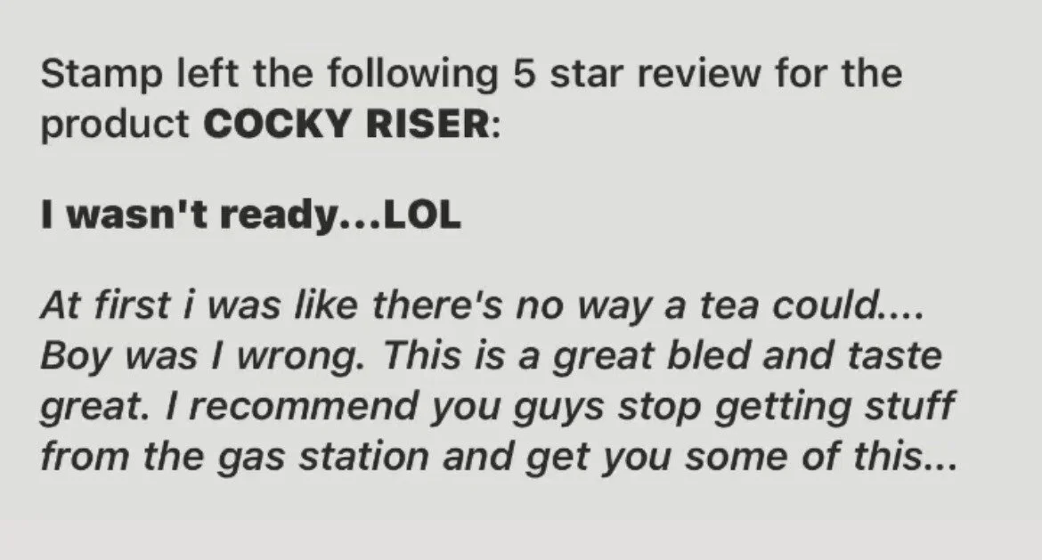 A screenshot of a humorous 5-star review for Cockey Riser, praising its taste and recommending others stop buying gas station snacks.