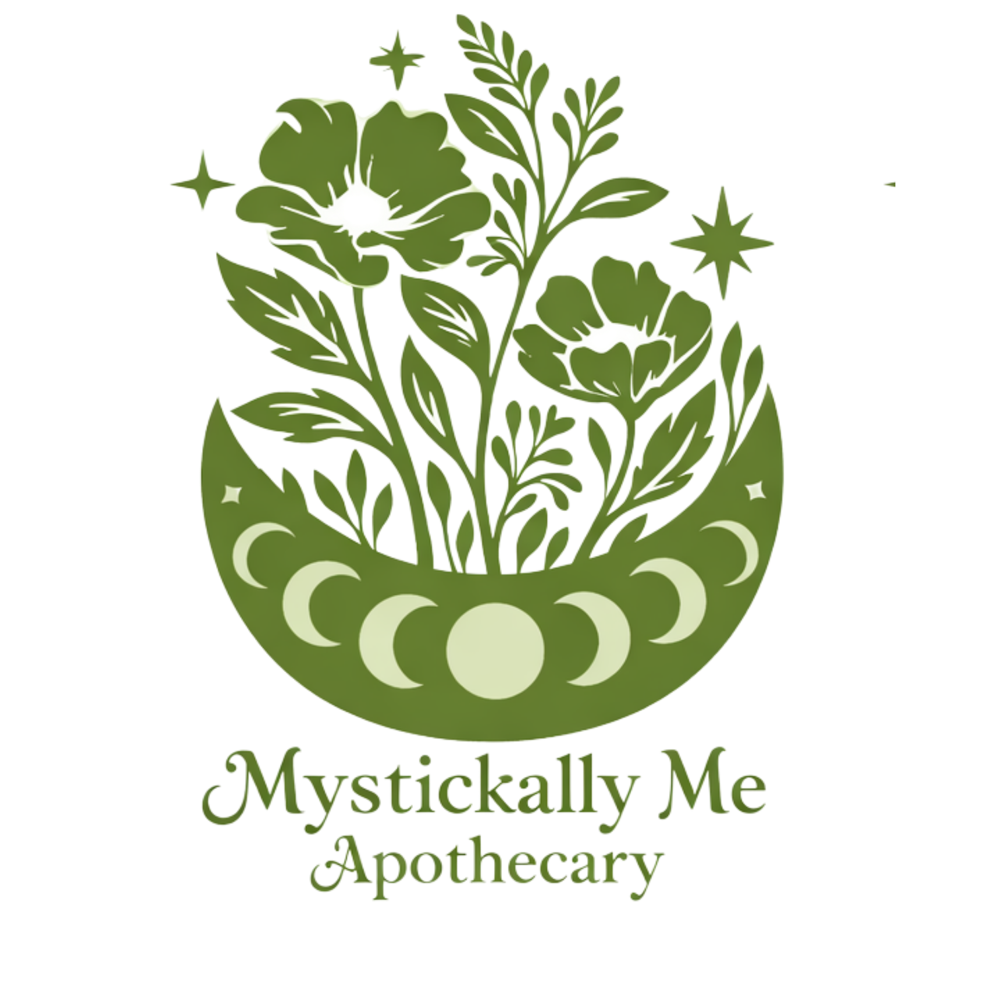 A logo featuring a crescent moon with phases, a star, and a circle, with green leaves and flowers emerging from it. The text reads 'Mystickally Me Apothecary'.