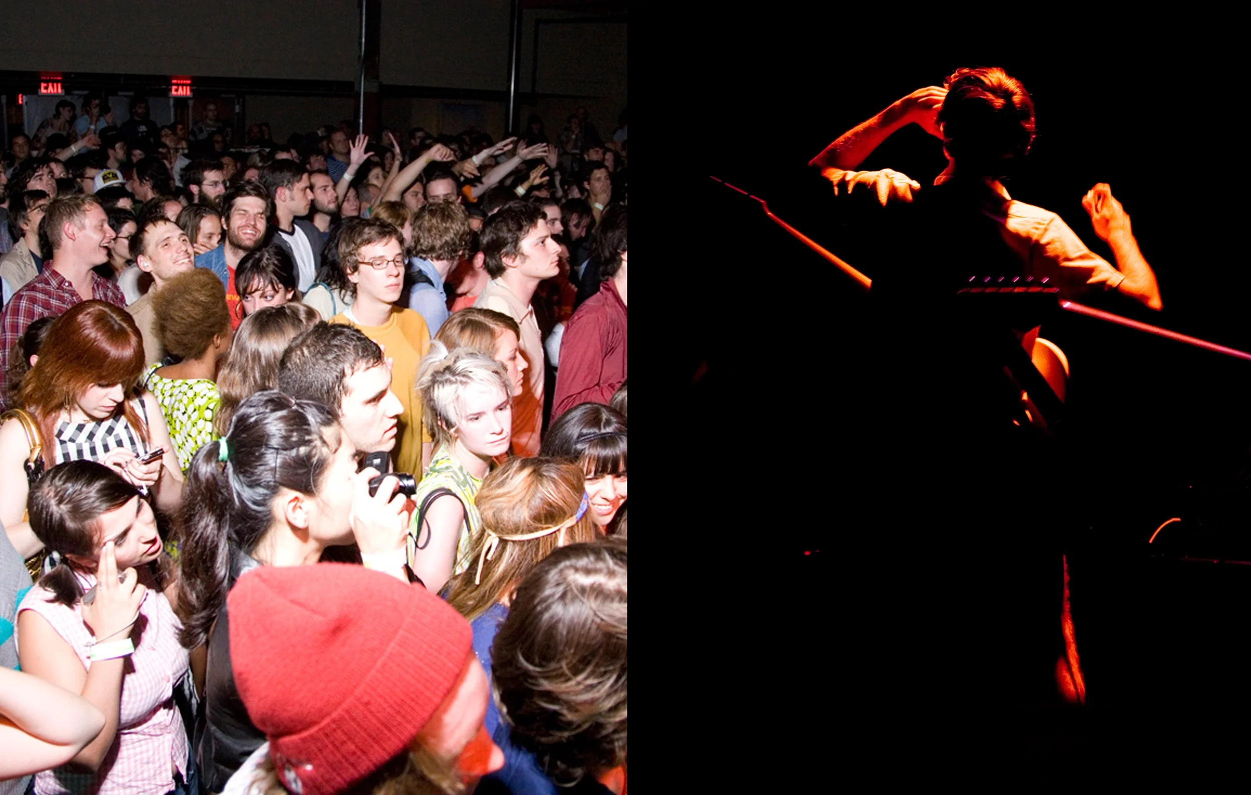 Zwei Bilder nebeneinander: Das linke Bild zeigt ein Publikum bei einem Konzert, mit einer Vielzahl an Menschen, darunter Jugendliche und Erwachsene, die auf die Bühne blicken und einige fotografieren. Das rechte Bild zeigt einen Musiker auf der Bühne