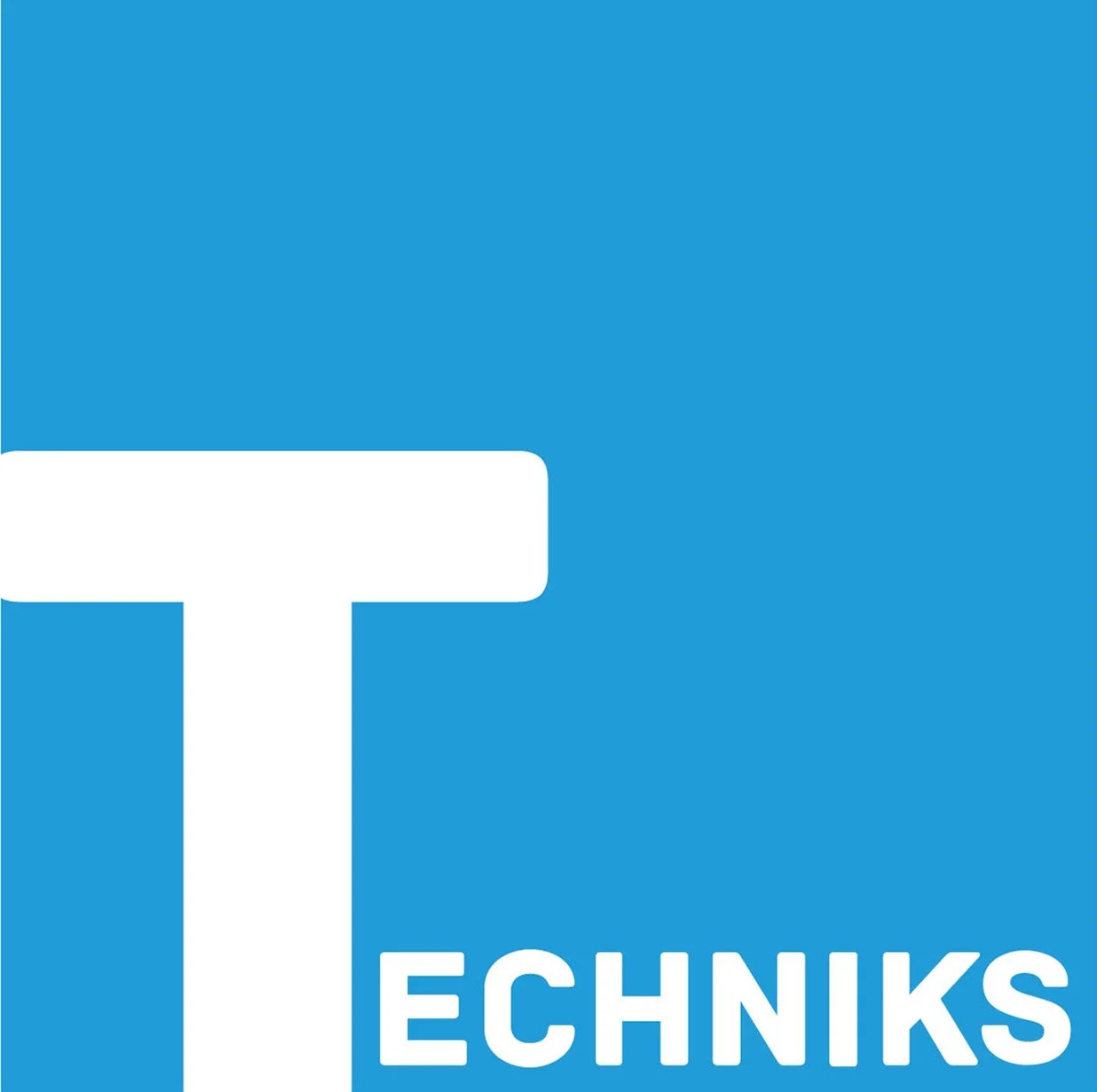 Blue background with a large white letter 'T' and the word 'TECHNIKS' in white at the bottom right.
