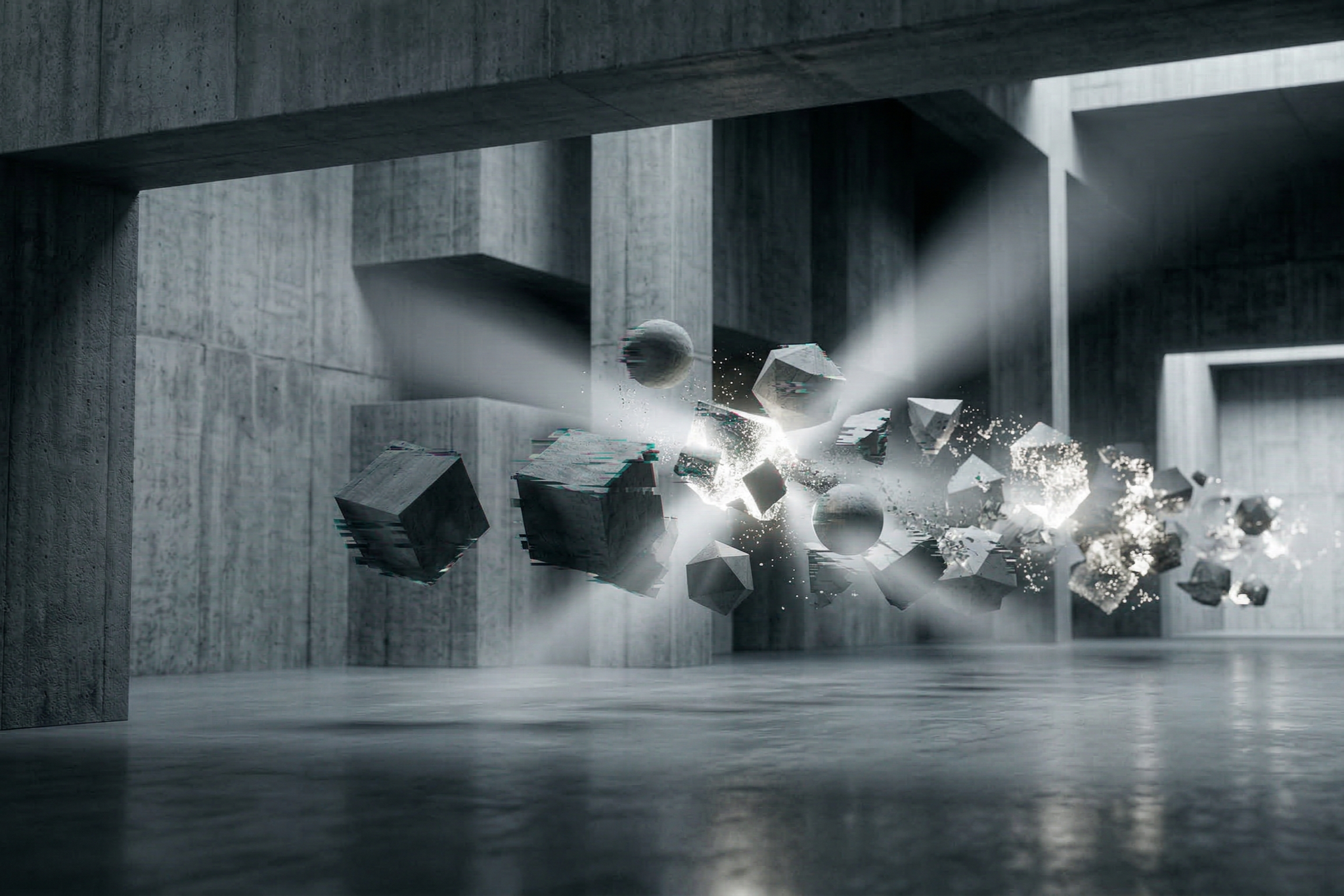 Floating geometric objects in a brutalist space representing perception and illusion
