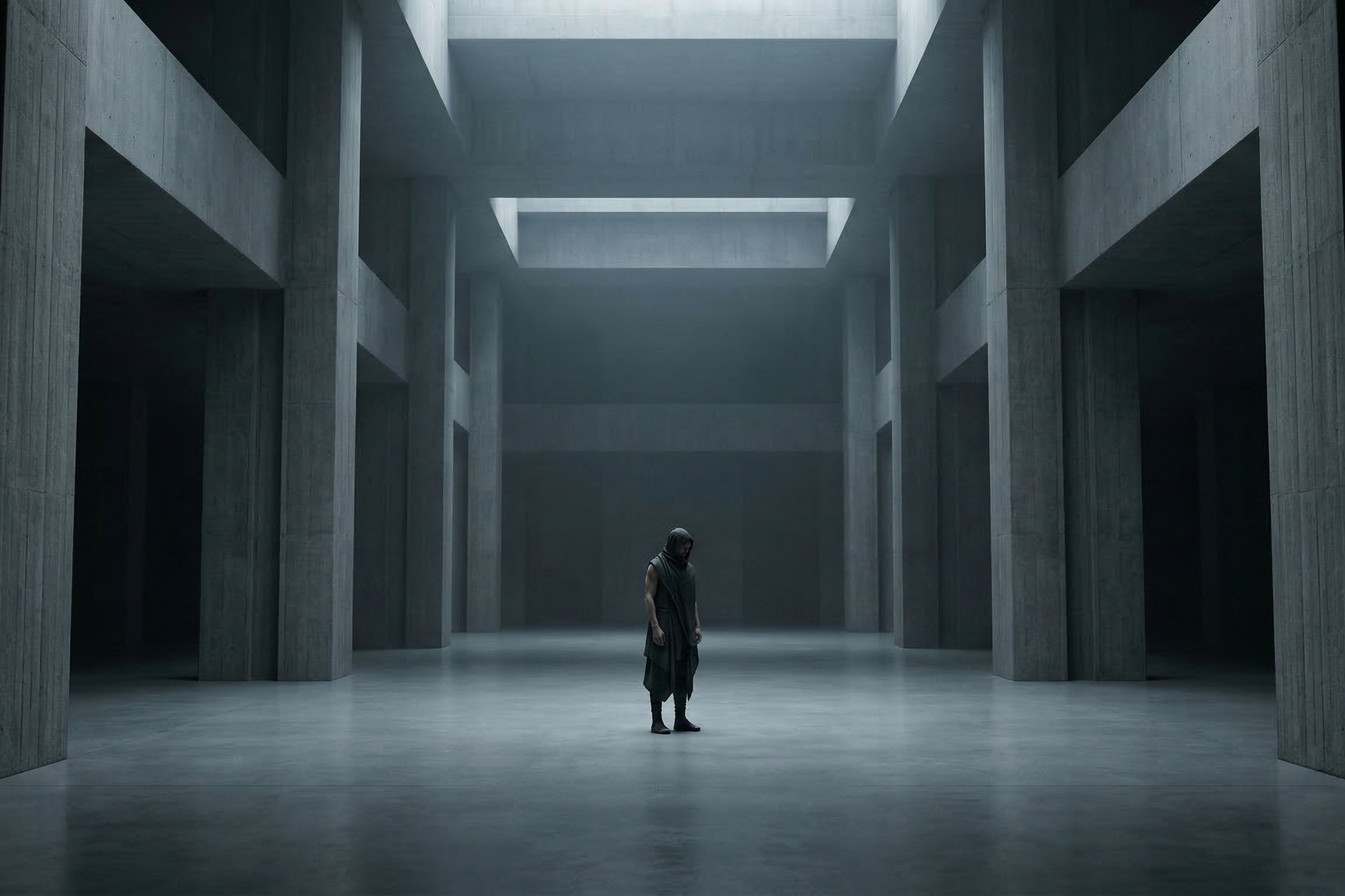 Solitary human figure in a minimal space representing belief beyond religion