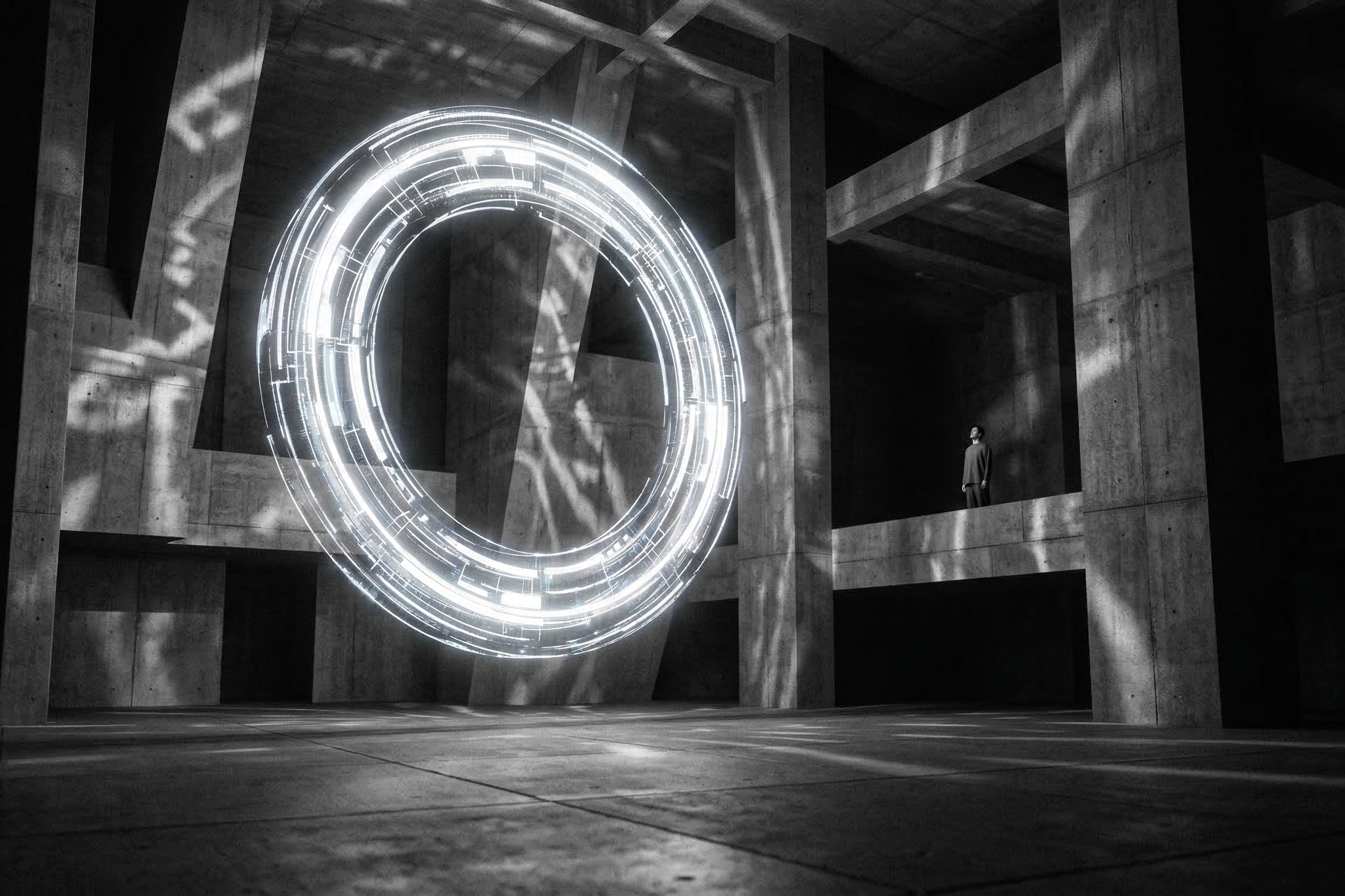 Glowing energy structure representing the future of belief in a minimal futuristic space