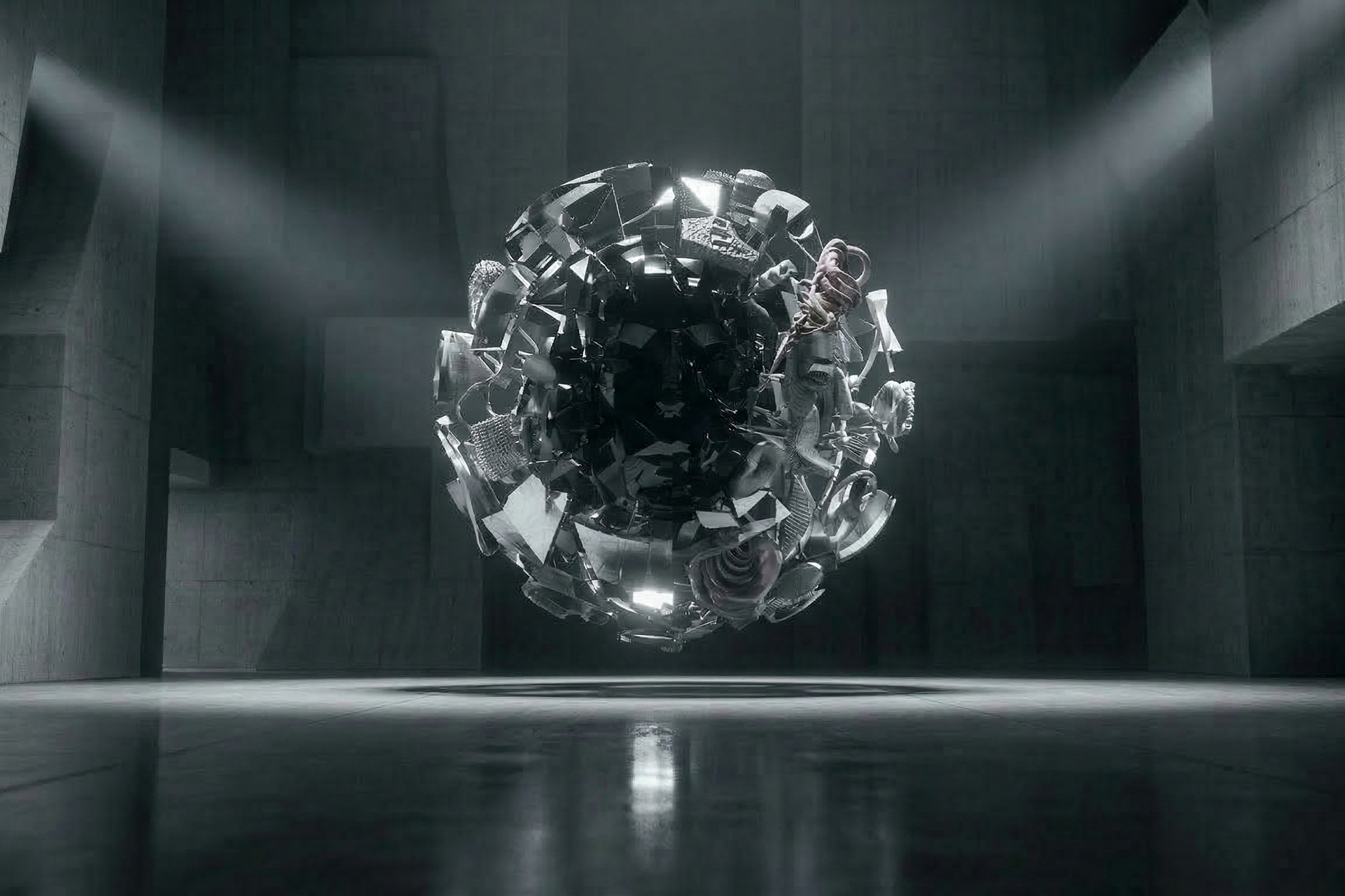 Abstract representation of human desire to collect objects as a way to hold meaning and identity, minimal futuristic conceptual design by Anattaego