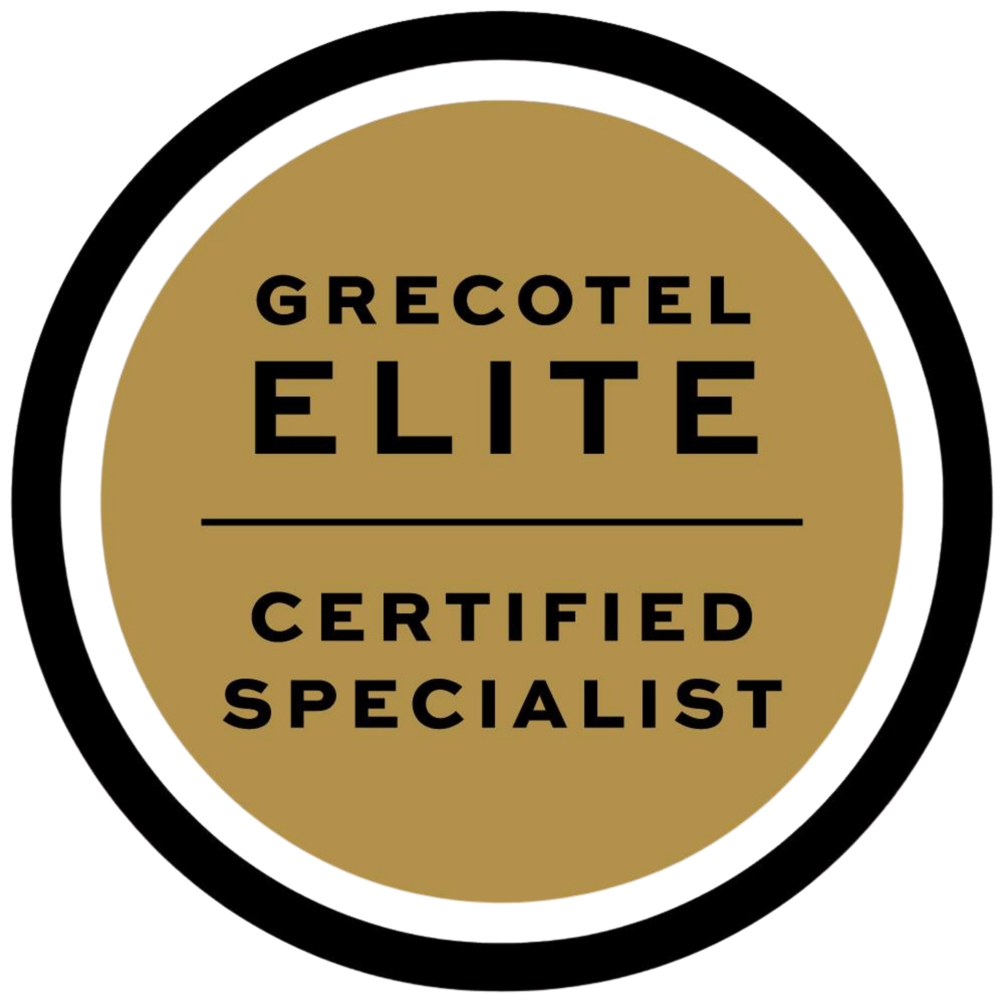 Gold and black circular badge with the words "Grecotel Elite Certified Specialist"