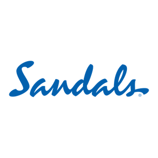 Logo for Sandals Travel with blue text on a white background