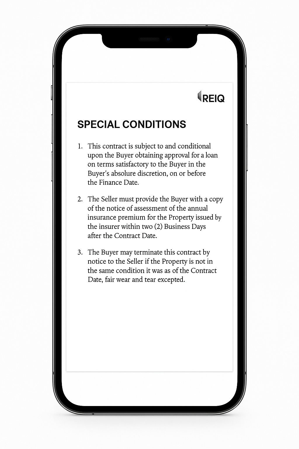 Smartphone displaying a legal document titled 'Special Conditions' with numbered clauses.