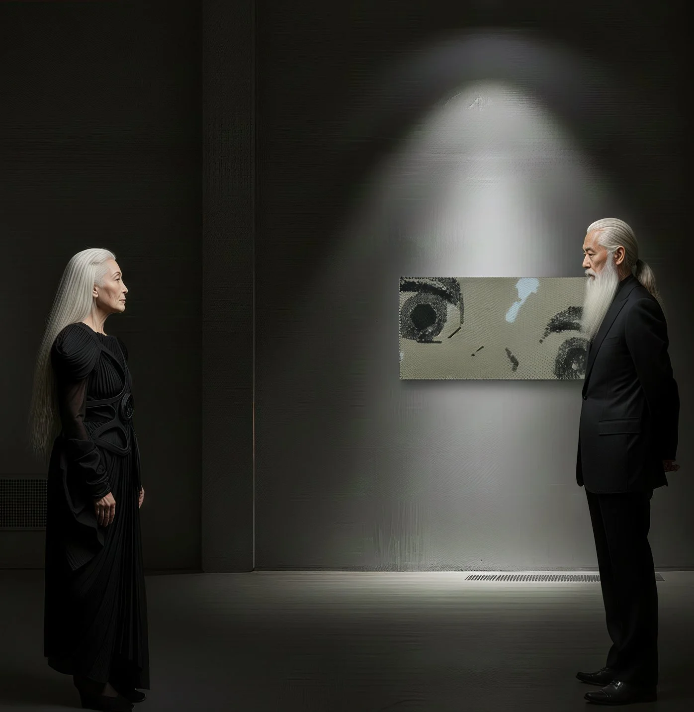A woman and a man with long white hair and beard, wearing black formal clothing, stand facing each other in an art gallery. A piece of artwork featuring a stylized face is mounted on the wall between them, illuminated by a spotlight.