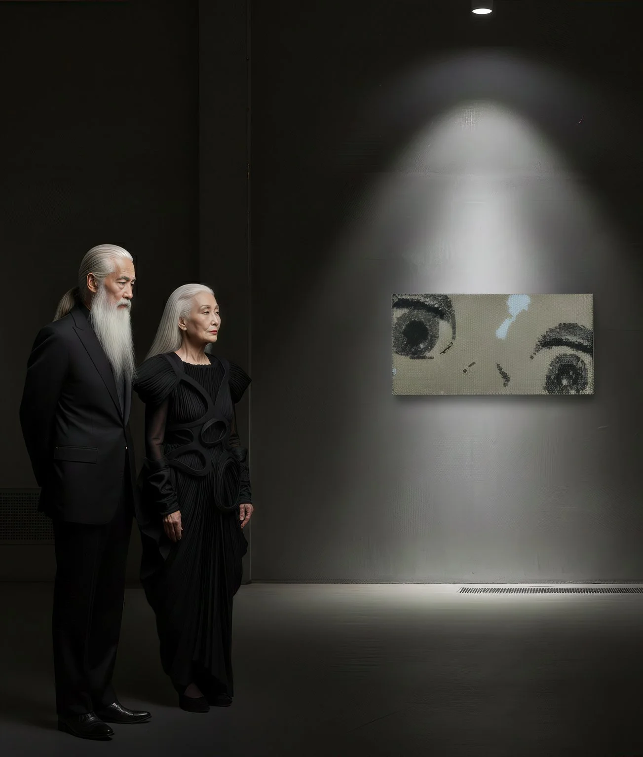 An elderly man and woman dressed in black standing side by side in an art gallery, observing a large piece of artwork depicting black and white eyes.