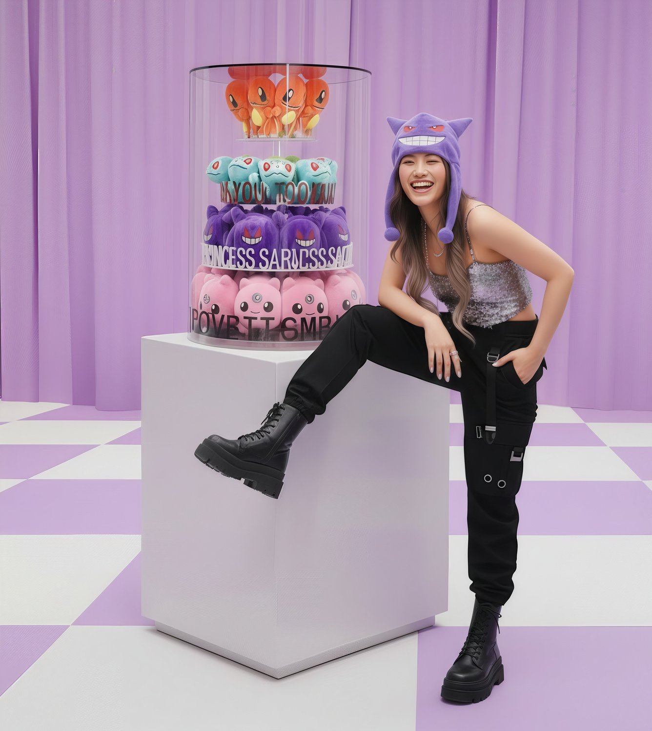 A woman wearing a purple hat with a cartoon face, black pants with buckles, and black boots, smiling and posing next to a tower of colorful plush toys on a white pedestal. The background features lavender curtains and a purple and white checkered flo