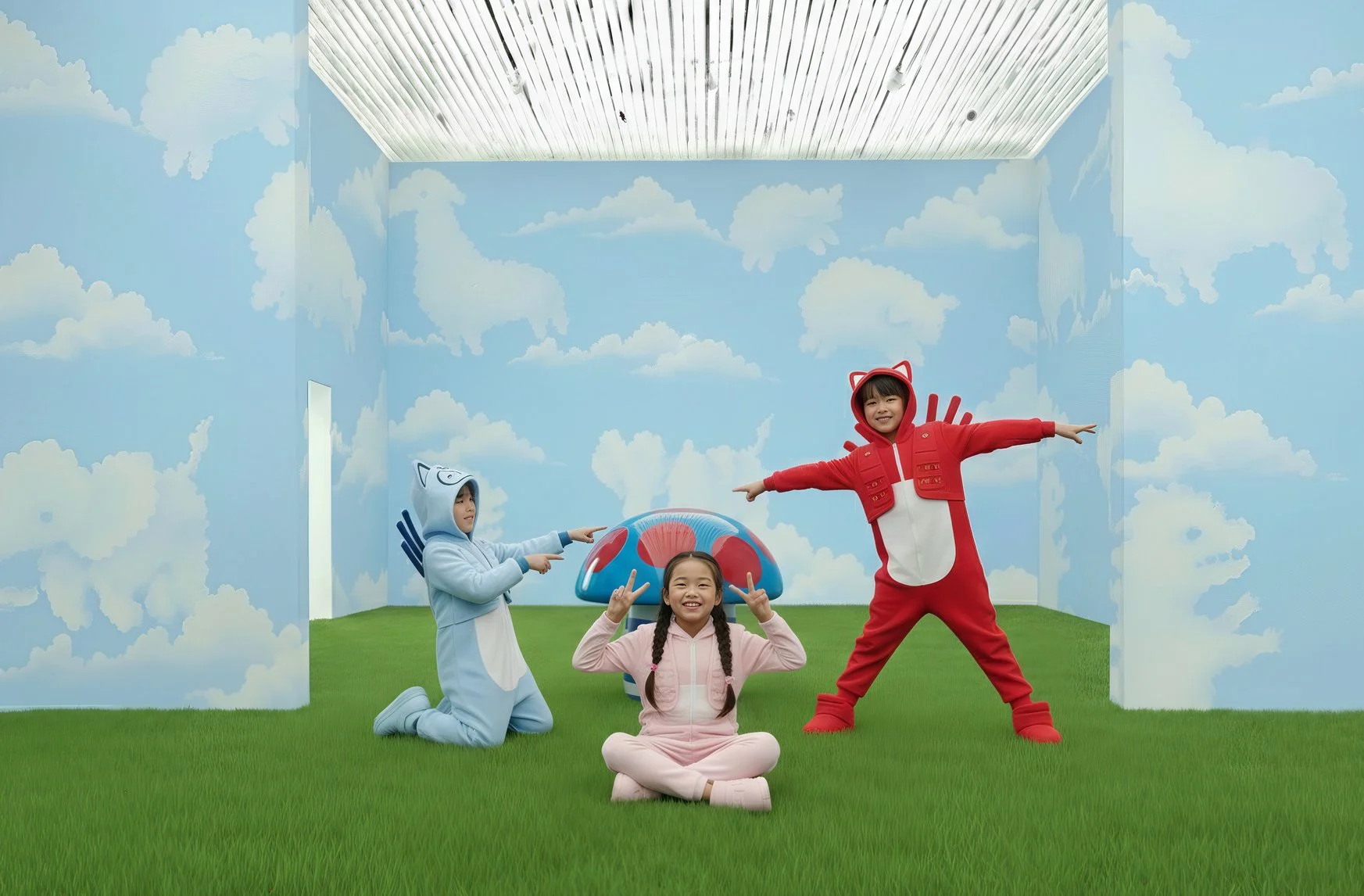 Children dressed in colorful animal costumes playing in a whimsical indoor room with blue sky clouds painted walls and green grass rug.