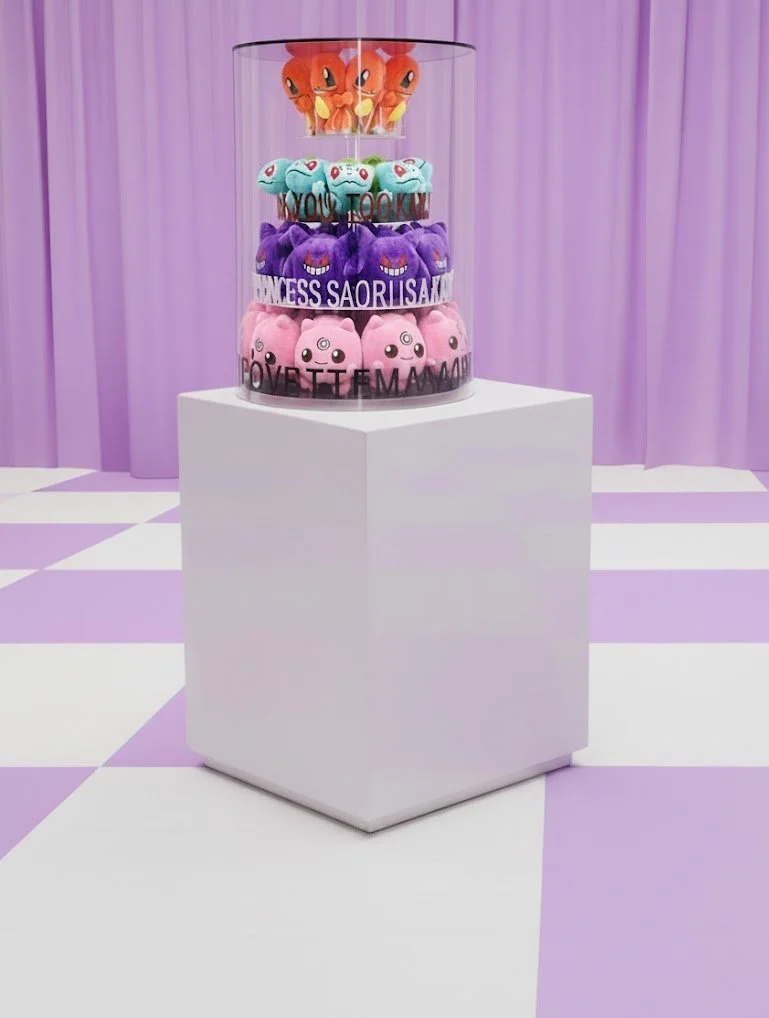 A display case containing plush toys of Pokémon characters, set on a white pedestal against a purple curtain background.