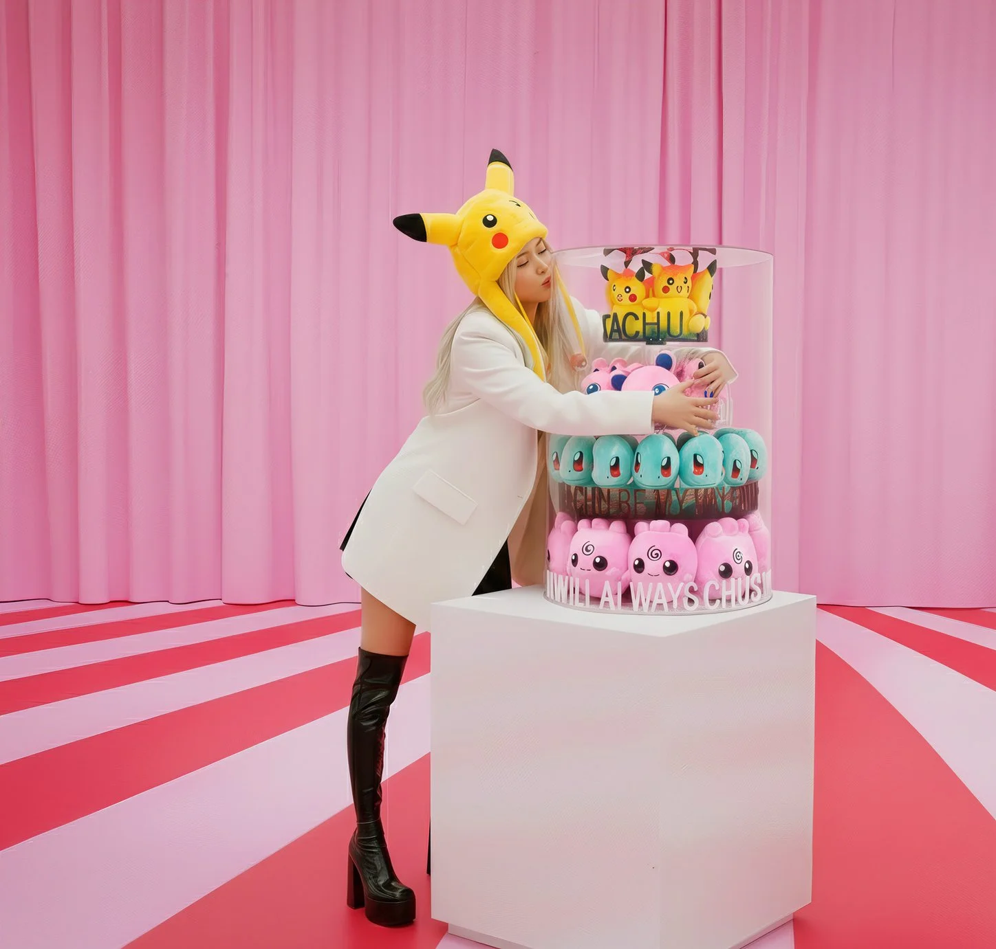 A woman wearing a Pikachu hat and a white coat standing next to a large display of colorful Pokémon plush toys on a pink and red striped floor with pink curtains in the background.