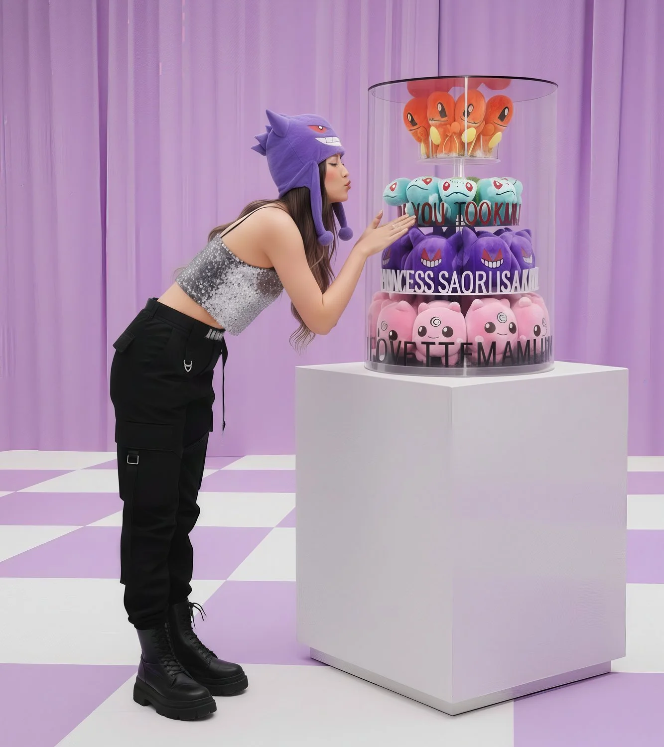 A woman with long hair wearing a purple Pokémon hat, a sparkly silver top, black cargo pants, and black combat boots kisses an oversized display of pink, purple, and blue Pokémon plush toys in a pastel purple and white room.
