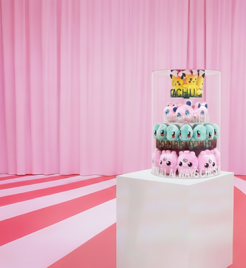 Stacked plush Pikachu, Garchomp, and Jigglypuff toys displayed on a clear cylindrical stand in a pink-themed room with pink curtains and red and white striped floor.