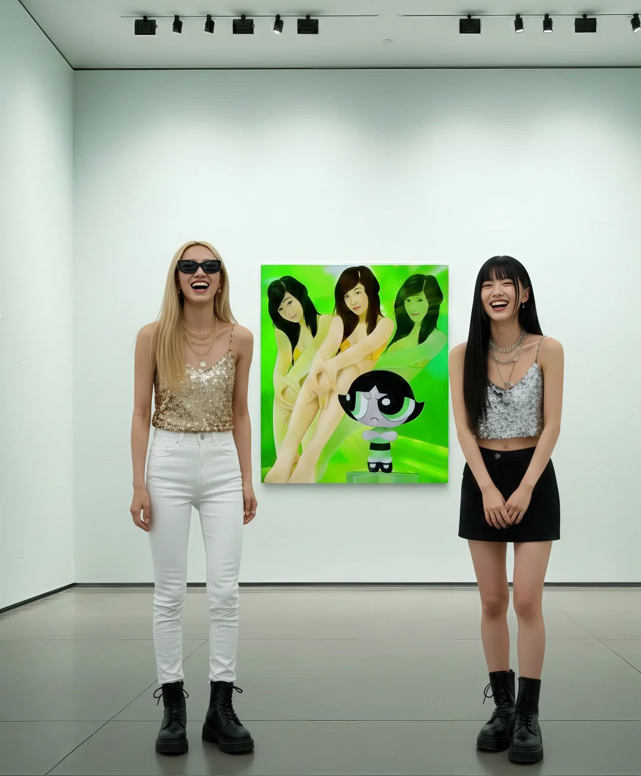 Two young women standing in an art gallery, smiling. A colorful art piece featuring animated characters is displayed on the wall behind them.