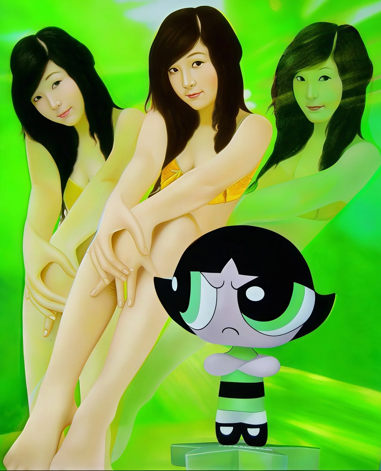 Digital art featuring three women in bikinis and the cartoon character Buttercup from the Powerpuff Girls, against a vibrant green background.