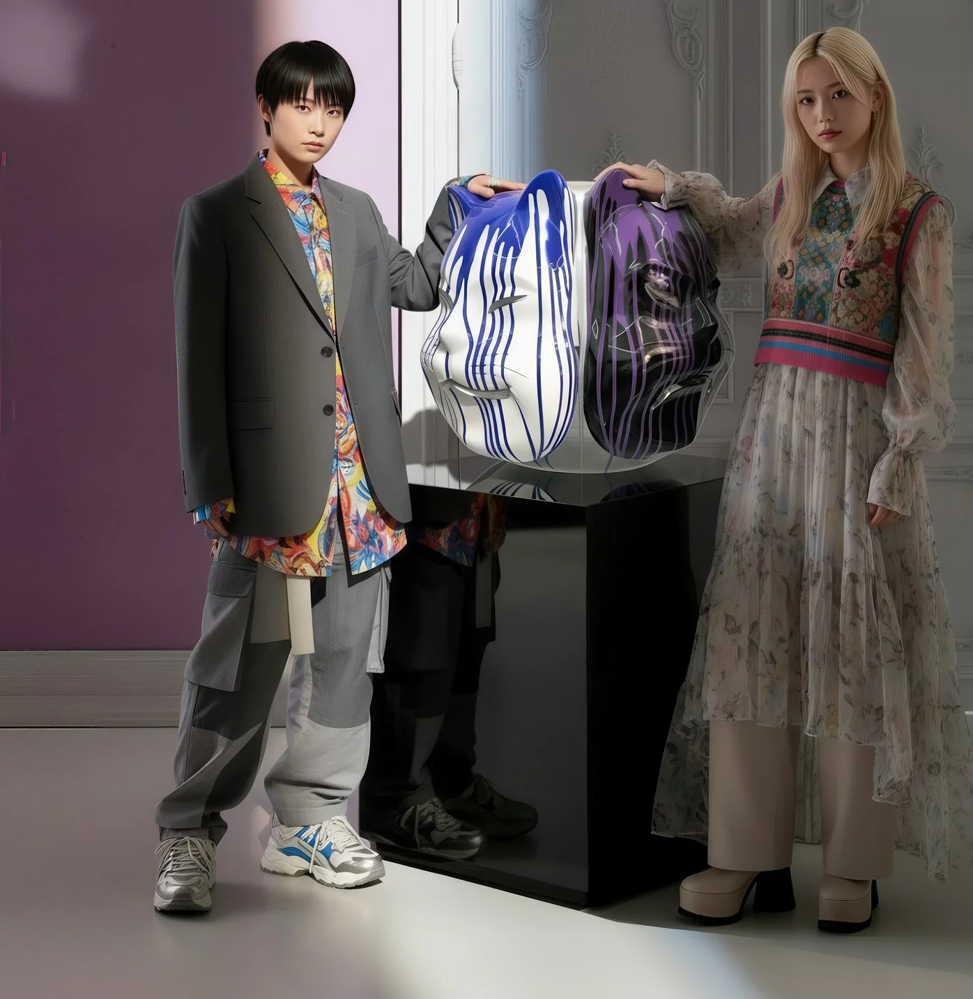 Onmyodo : Samuraicat’s Polychrome Duality – Stripes of Azure, Rose & Silver