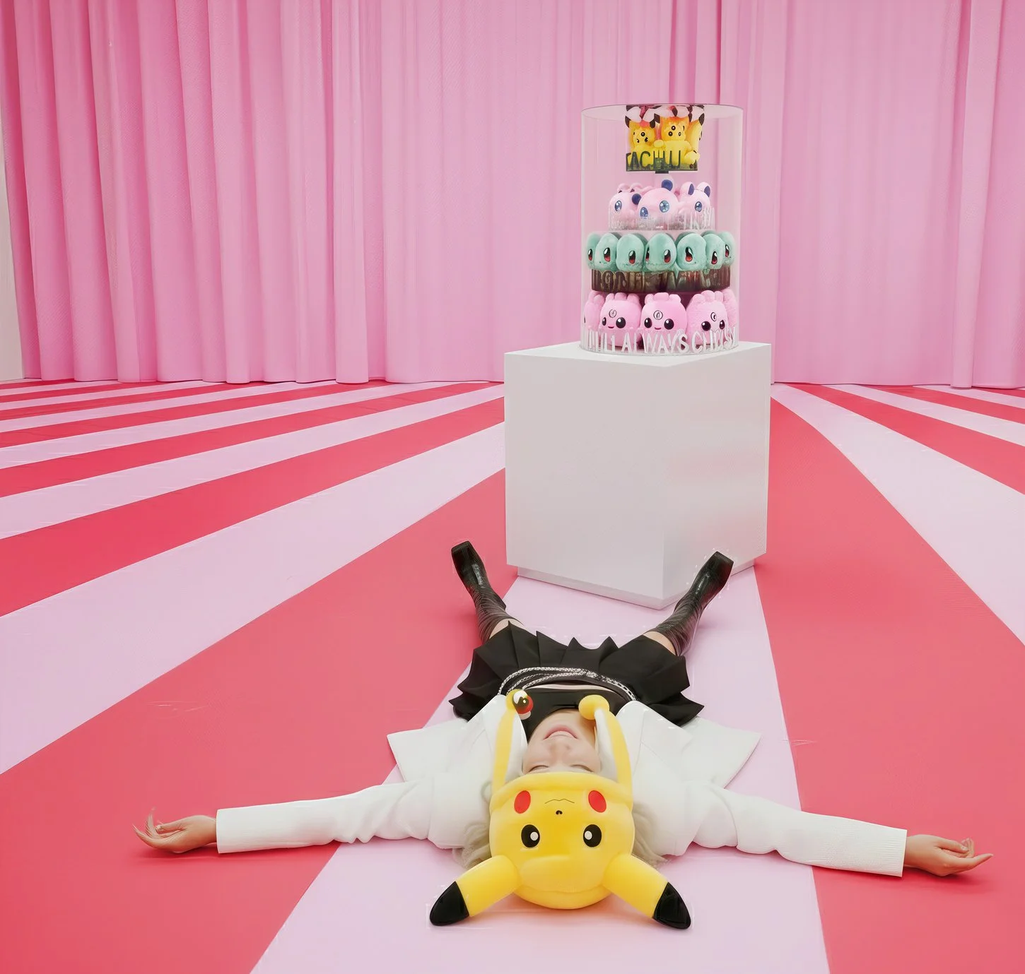 A person lying on a pink and red striped floor with arms stretched out and wearing a Pikachu hat. The person is in front of a white pedestal with a clear cylinder containing Pokémon plush toys stacked inside.