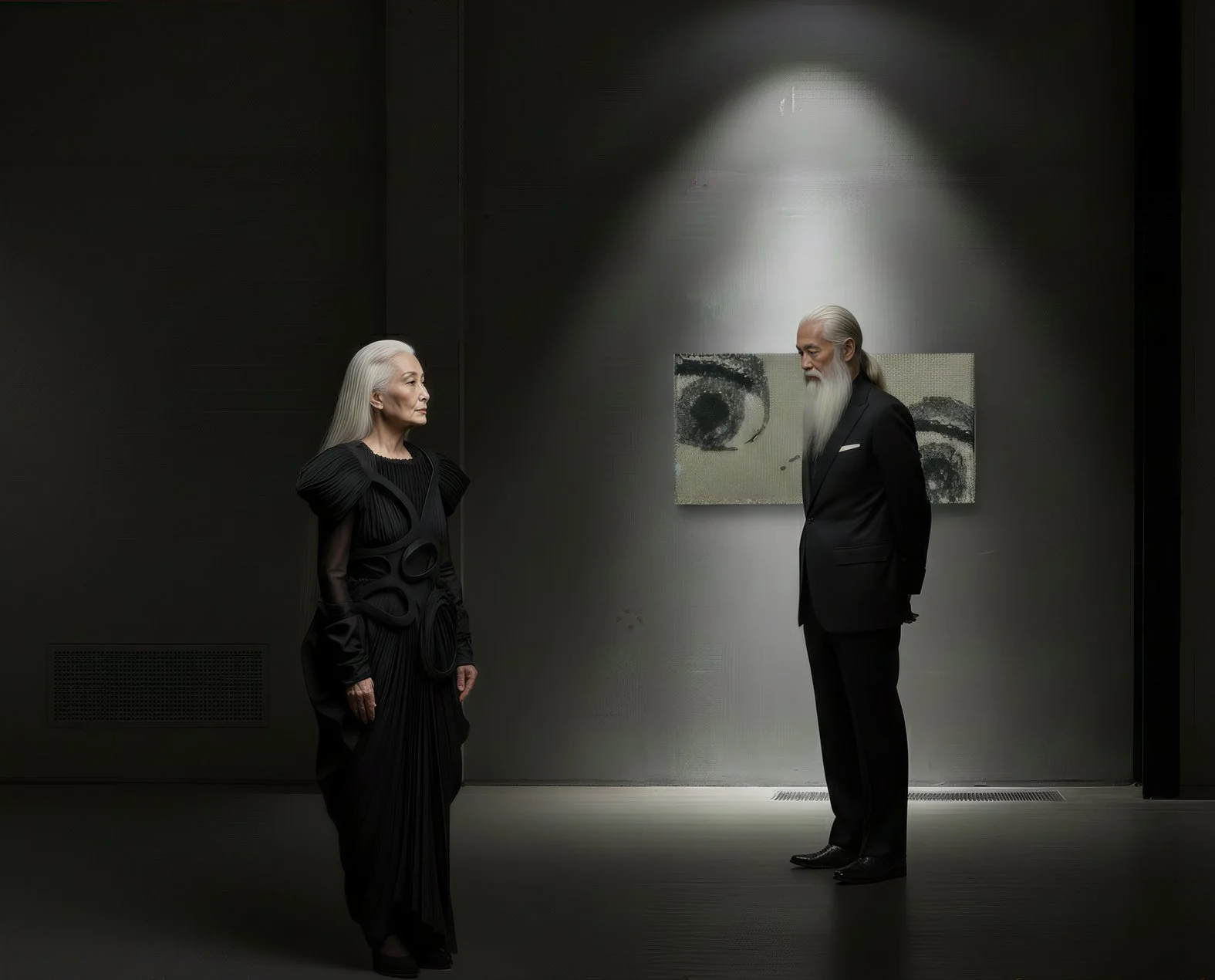 An elderly woman and man looking at each other in an art gallery with dark walls and a painting of eyes behind them. The woman has long gray hair and is wearing a black dress; the man has long gray hair, a beard and is wearing a black suit.