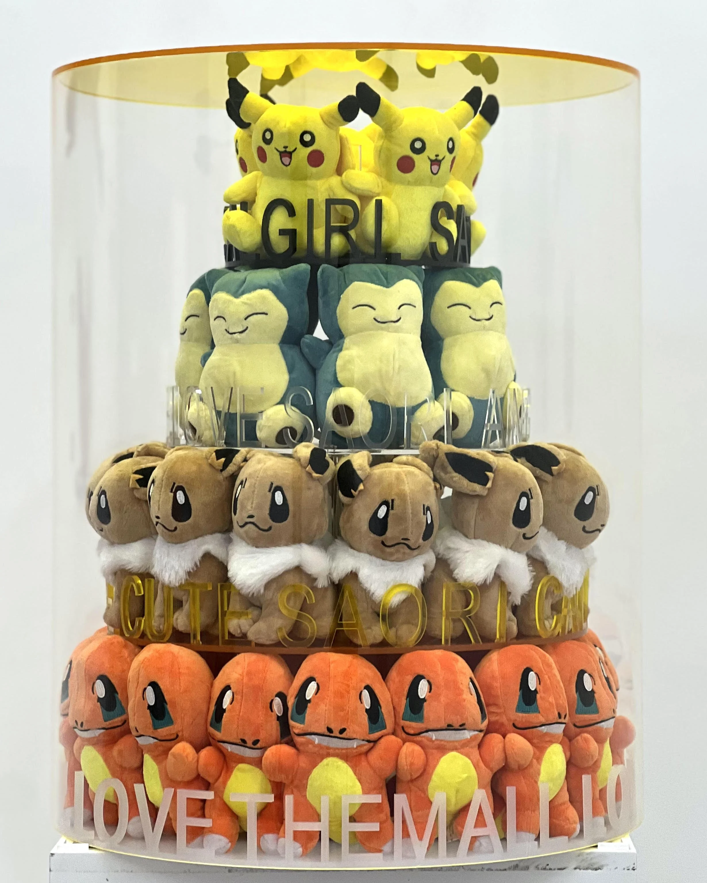 Tiered display of plush Pokémon toys under a glass cover, including Pikachu, Snivy, Eevee, Charmander, and other characters, with decorative words and phrases.