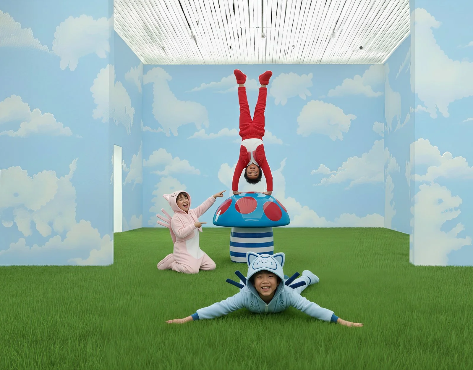 Three children in colorful costumes playing in a whimsical room with sky and cloud murals, green grass flooring, and a mushroom-shaped prop.