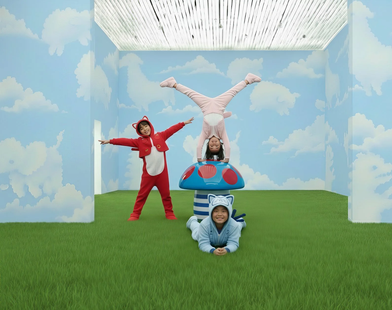 Three children in colorful costumes playing in a whimsical room with sky and cloud mural walls, green grass floor, and a mushroom-shaped prop.