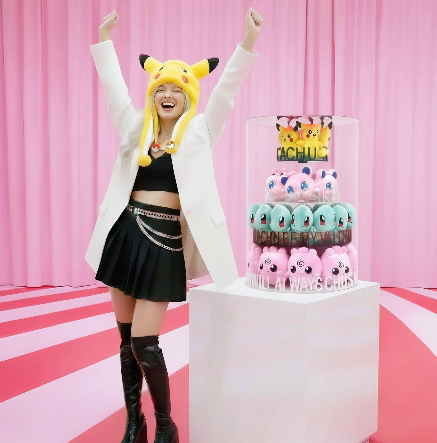 A woman wearing a Pikachu hat, a white blazer, a black crop top, a pleated black skirt, and thigh-high black boots is smiling with her arms raised in celebration next to a tall display of Pokémon-themed figurines on a pink background.