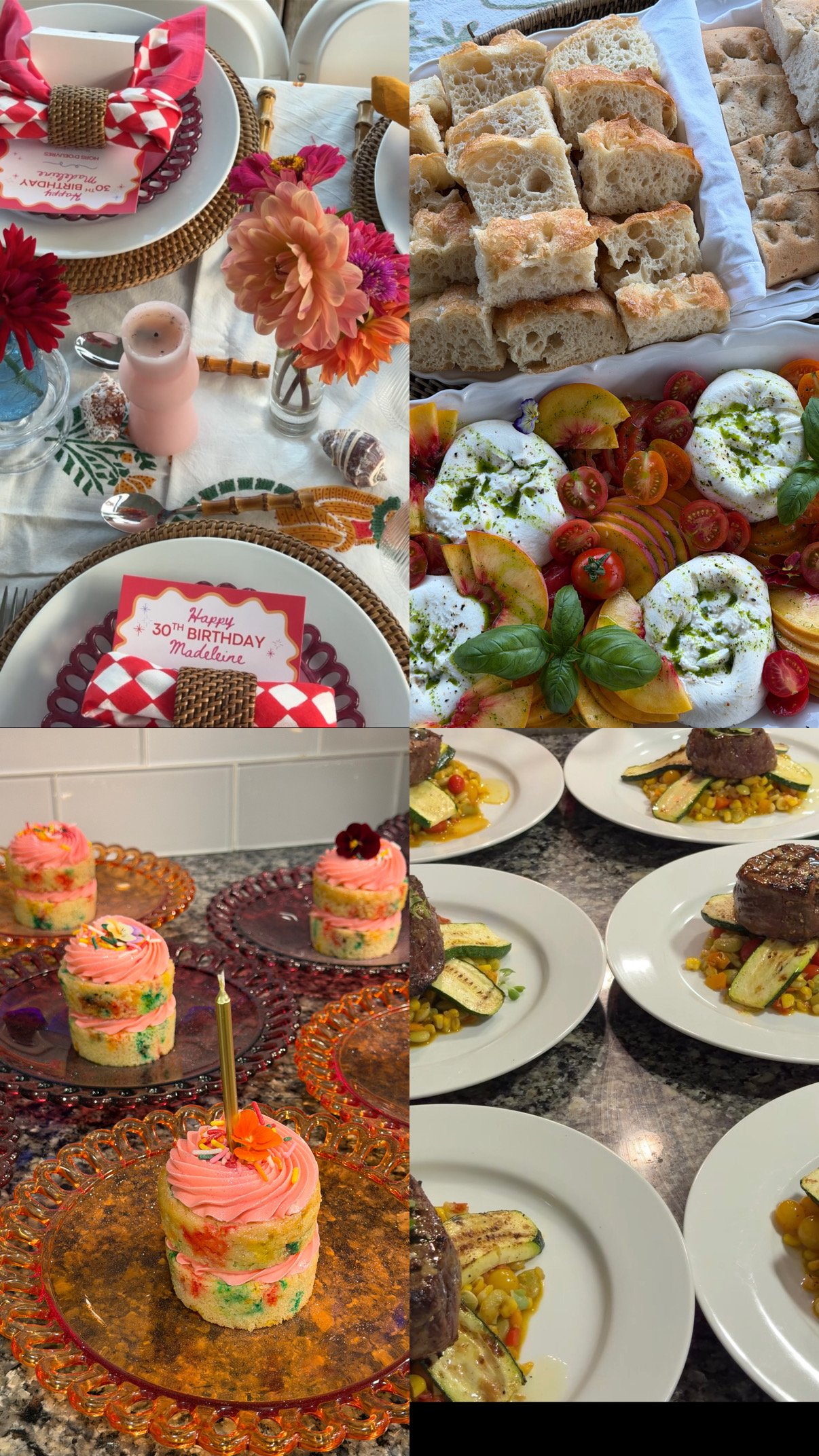 Collage from a 30th birthday luxury private dining celebration with a private chef in Providence, Rhode Island, featuring a styled tablescape, family style appetizers, plated salad course, filet mignon entree, and mini birthday cakes
