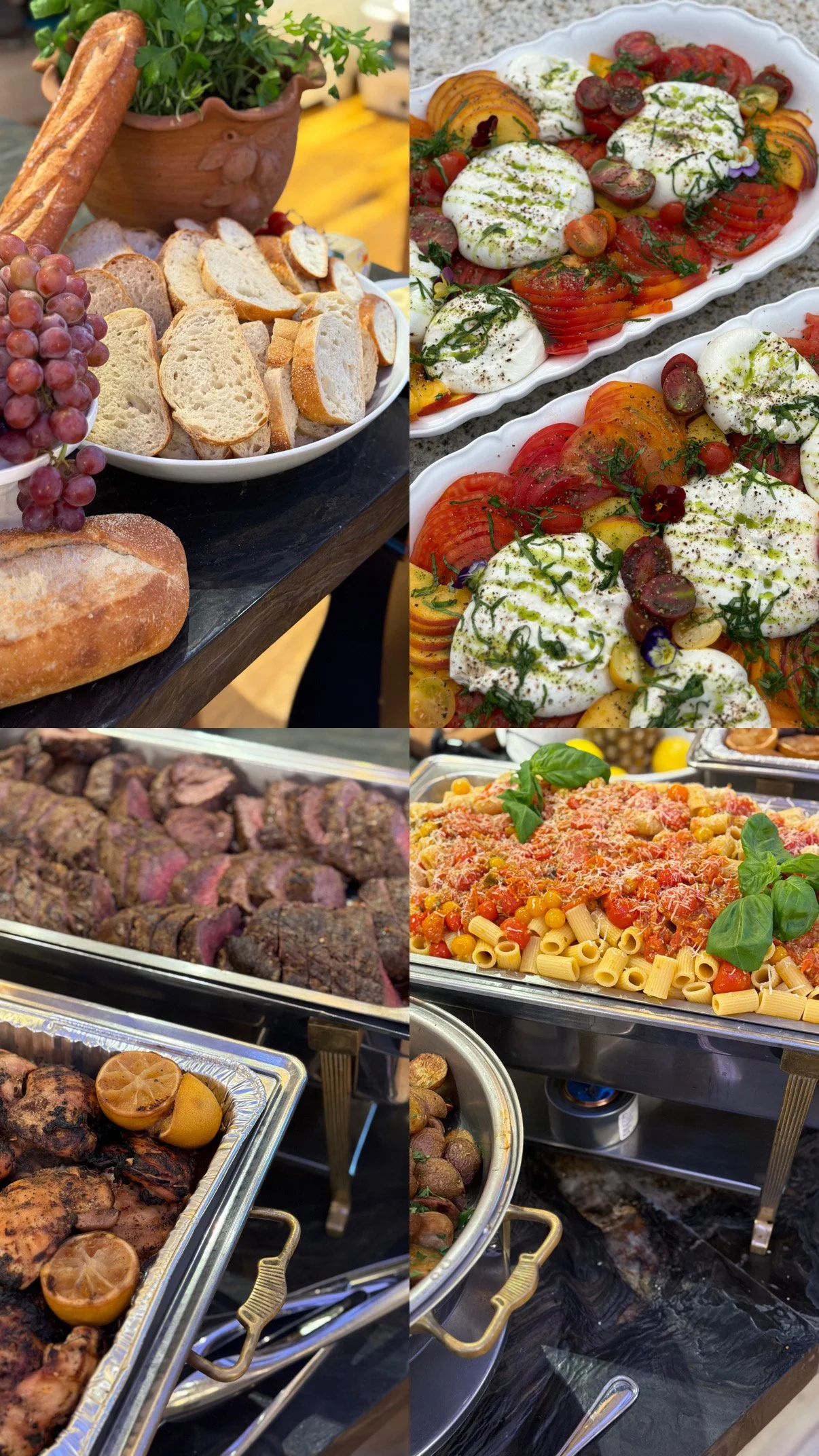 Collage from a private chef birthday dinner in Cape Cod, Massachusetts, featuring fresh pasta, grilled chicken, beef tenderloin, fresh baked bread, and a peach burrata heirloom tomato platter