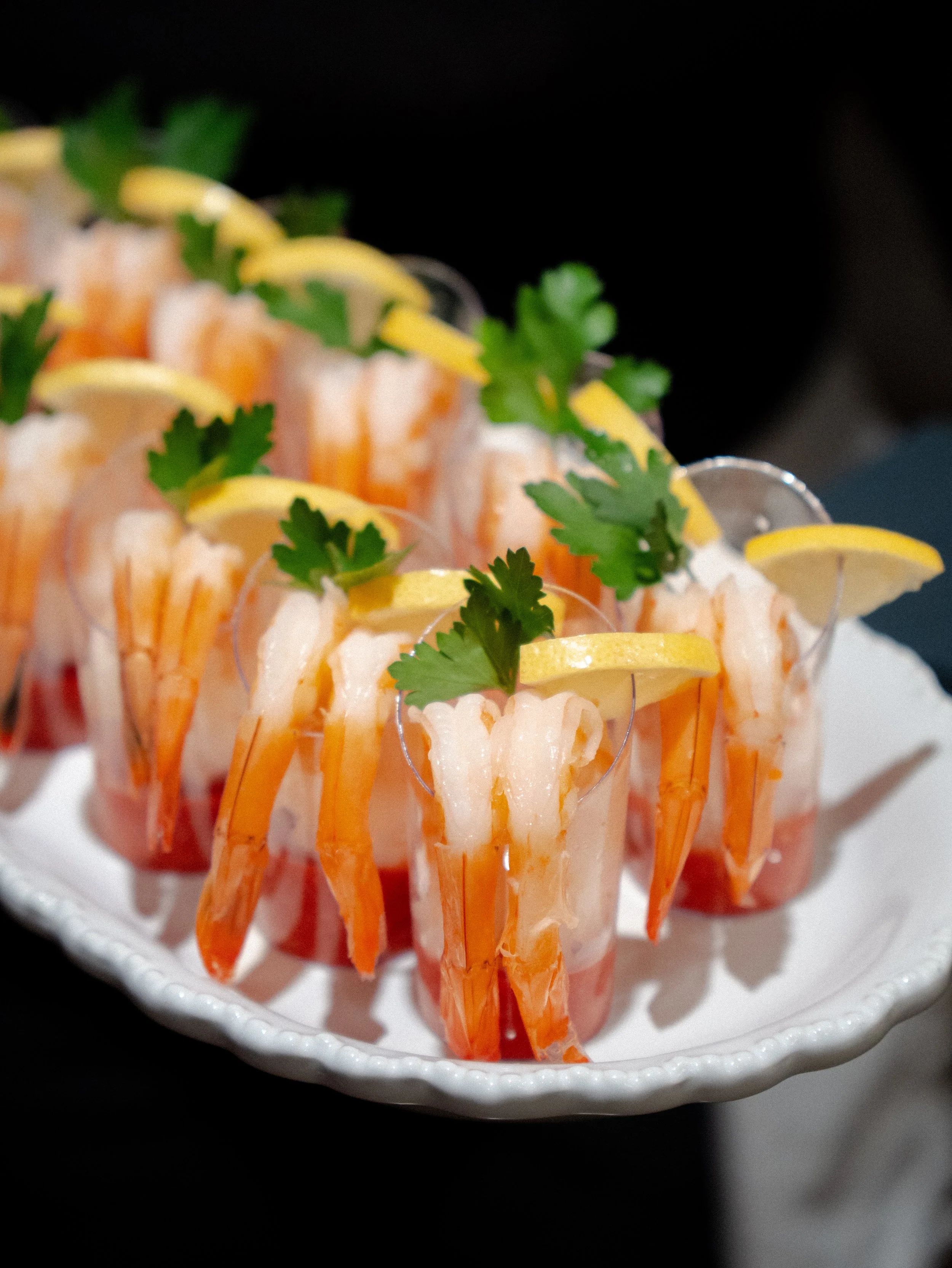 Individual shrimp cocktail servings passed as hors d'oeuvres at a holiday cocktail party, private chef in Rehoboth, Massachusetts