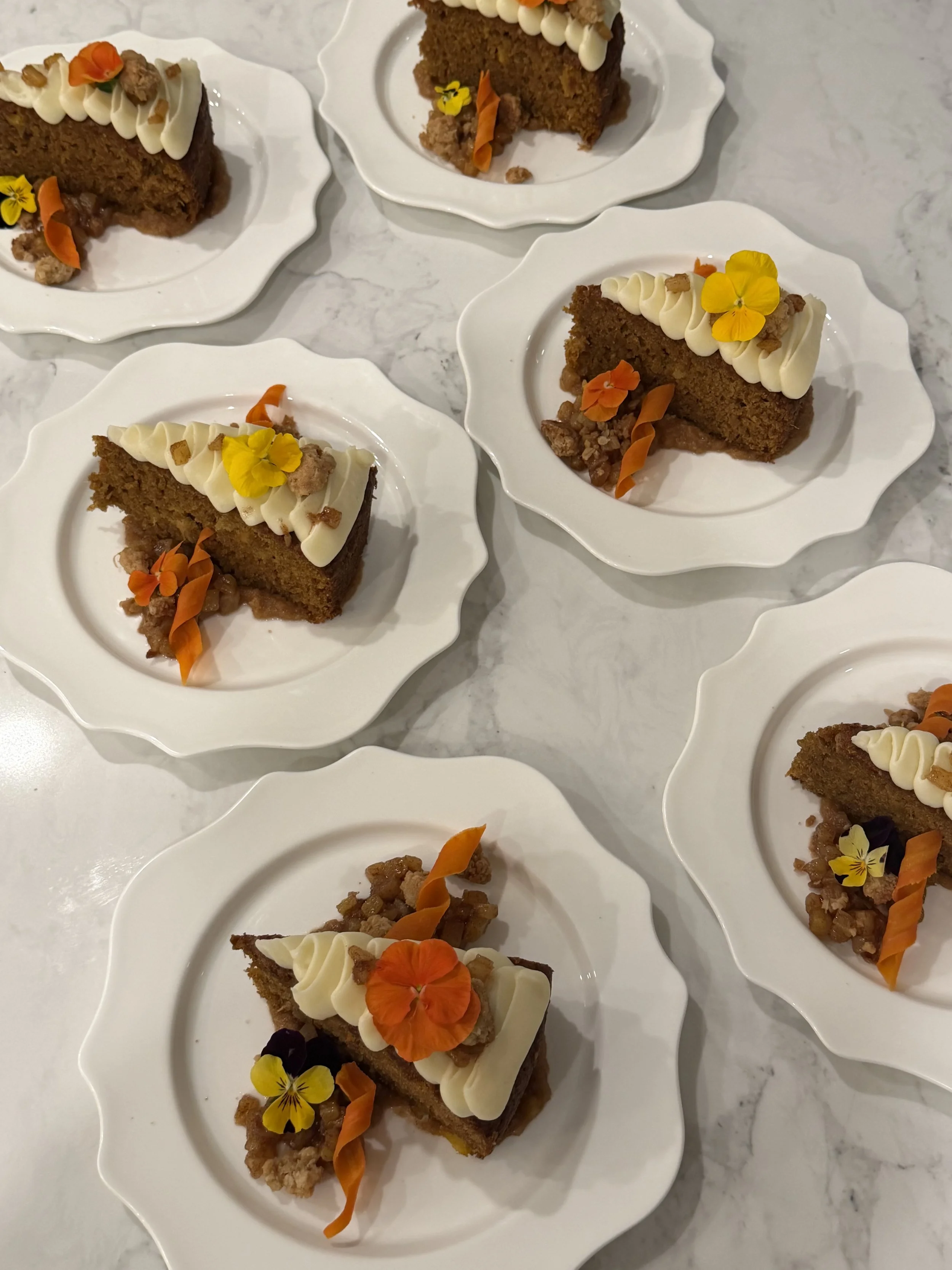 Nut-free carrot cake, a plated dessert course served at a Friendsgiving private chef dinner at a boutique hotel in Newport, Rhode Island