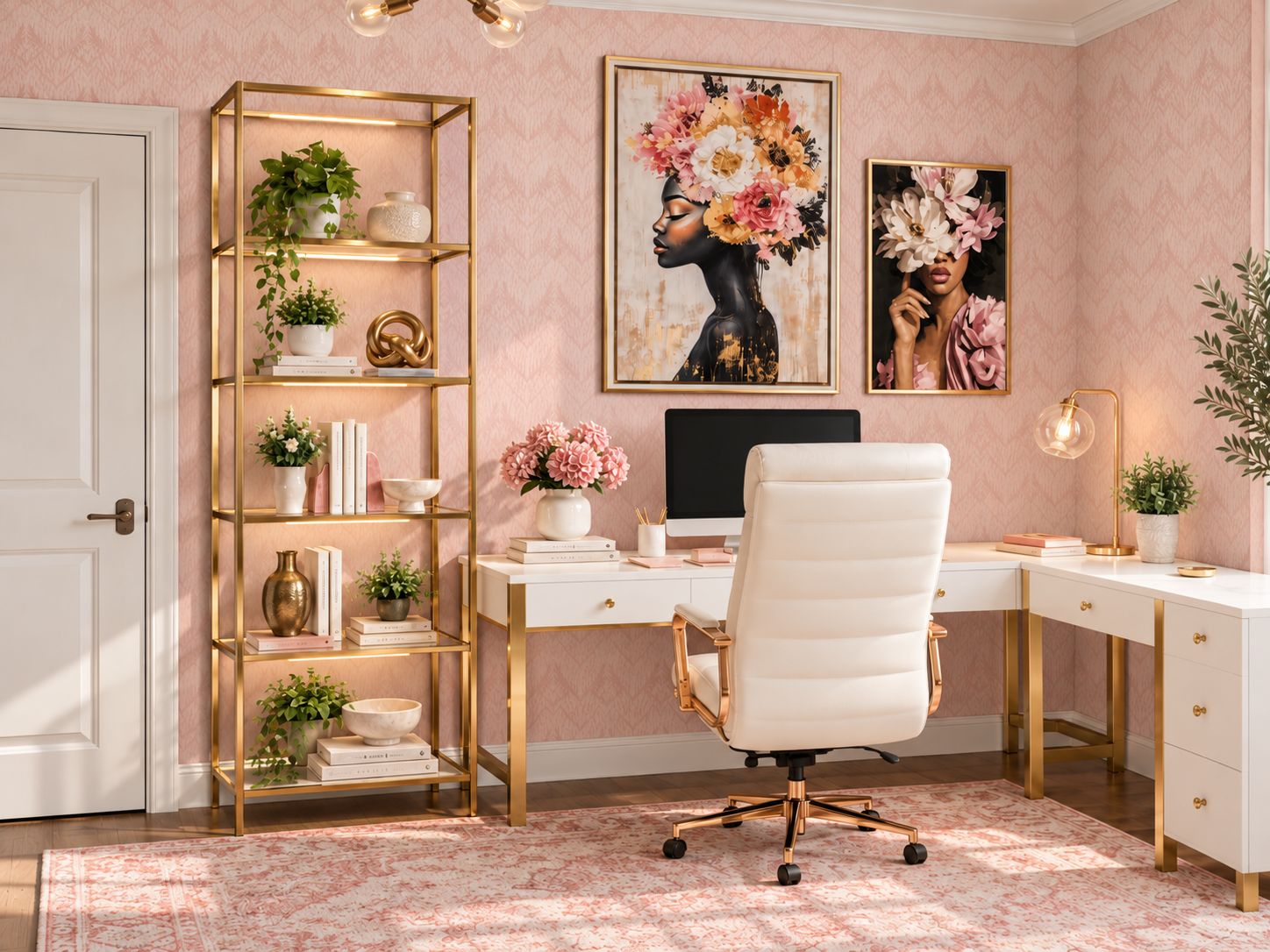 A concept rendering for a residential home office that is feminine, empowering, and restorative by Goodness Studios Interiors located in Marietta, Ga.