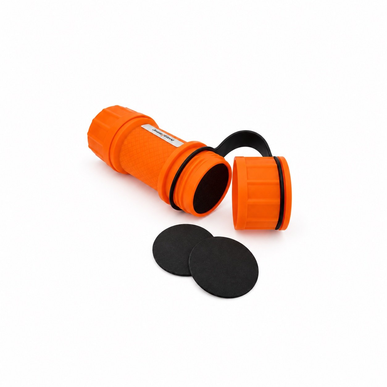 Orange InstaFire case with protective cap open, striker surface exposed, and two replacement striker discs on white.