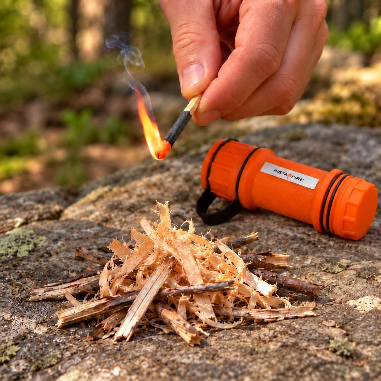 One hand holding a lit InstaFire safety match above wood shavings and kindling, with the orange stormproof case nearby outdoors.